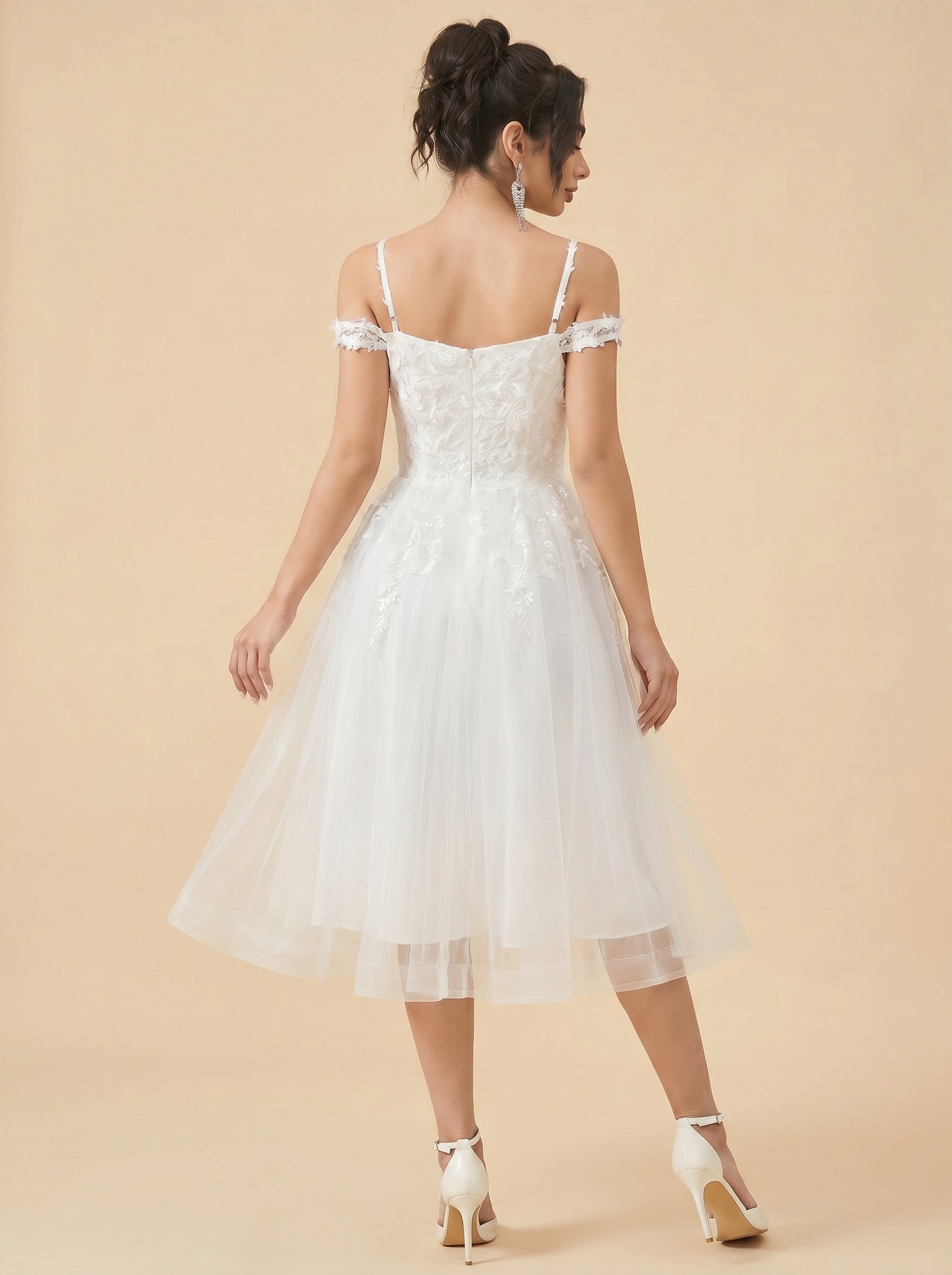 Off-the-shoulder/spaghetti strap midi Wedding Dresses,Tulle prom Dress