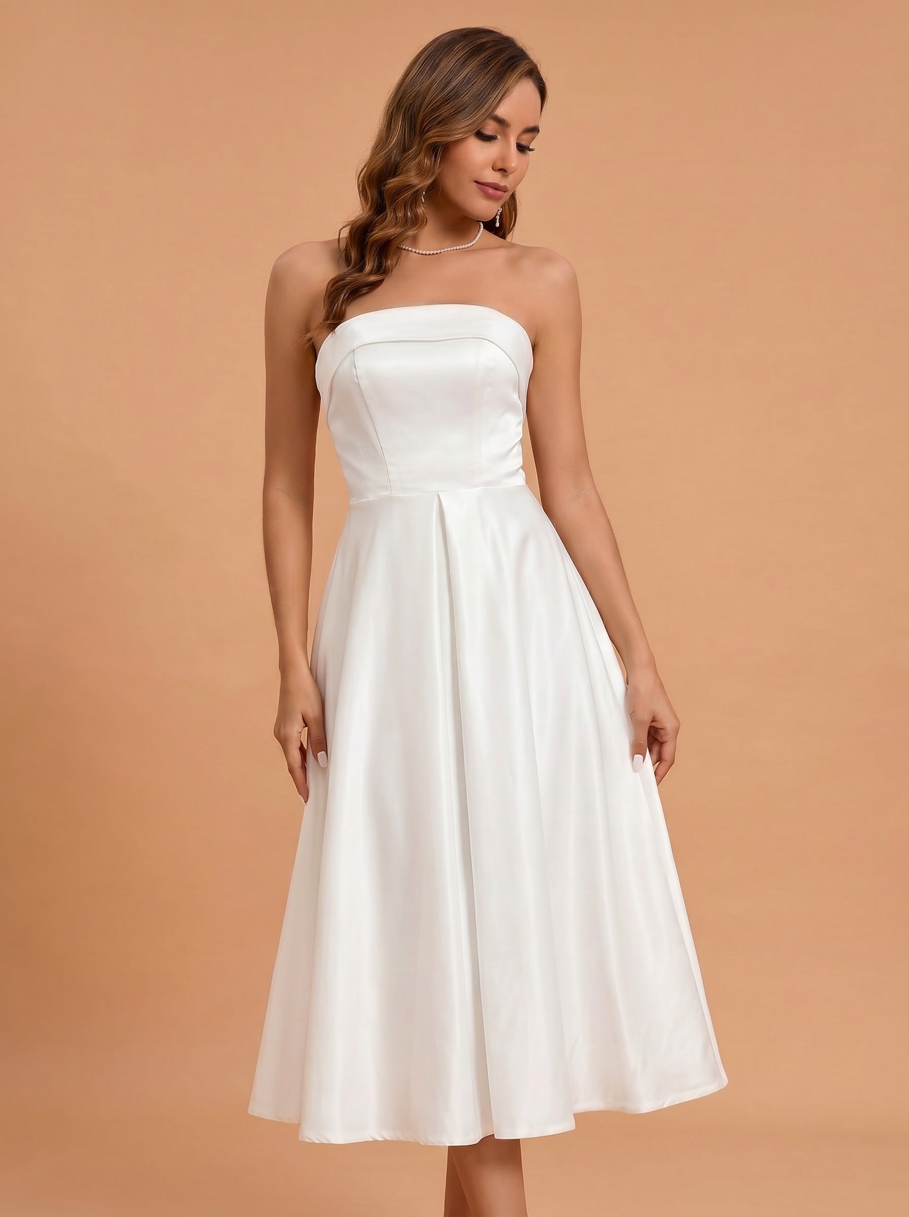 Classic folded satin white dress with pockets，midi length prom Dress