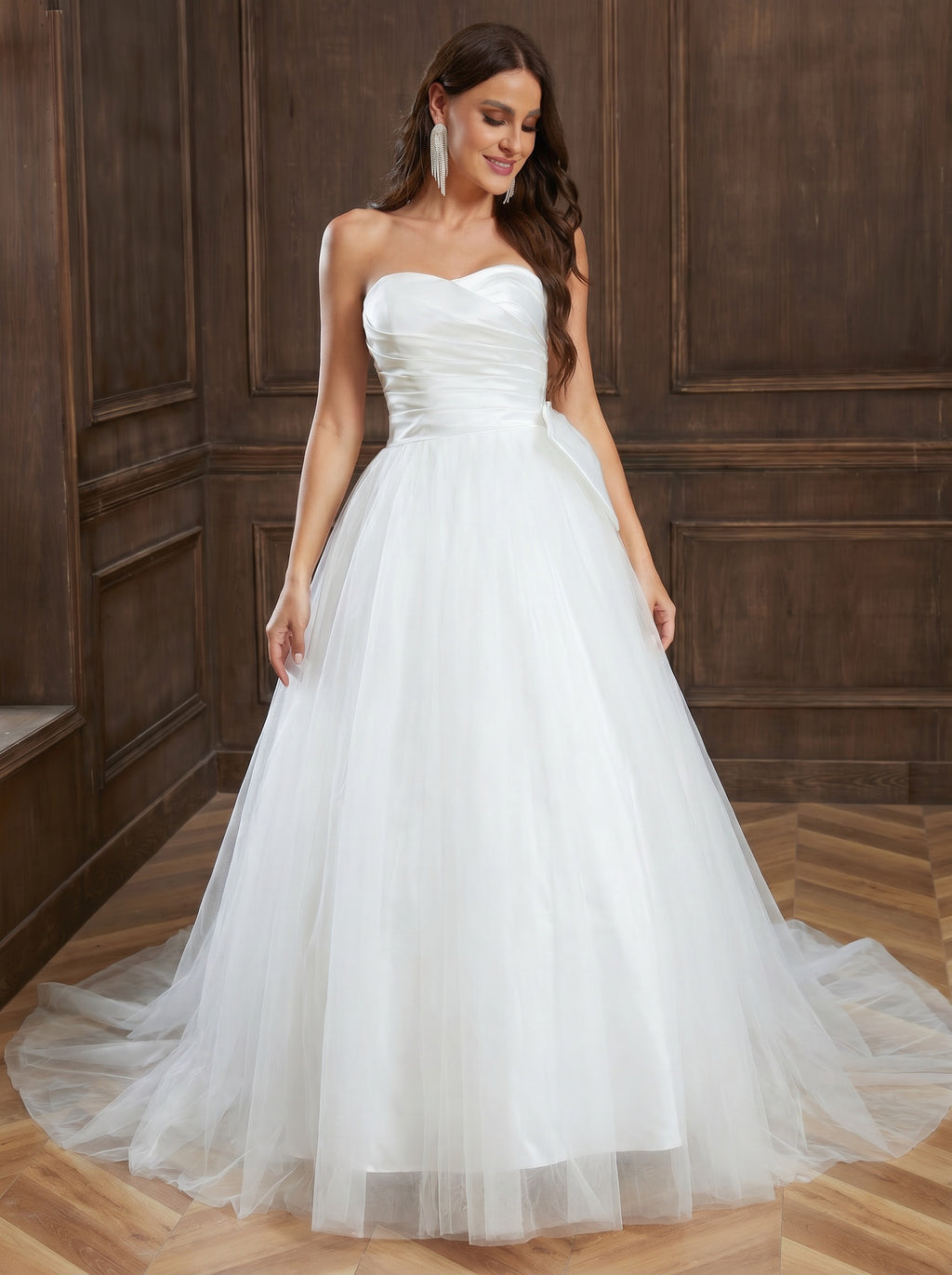 satin ruched bust trailing wedding dress with bow