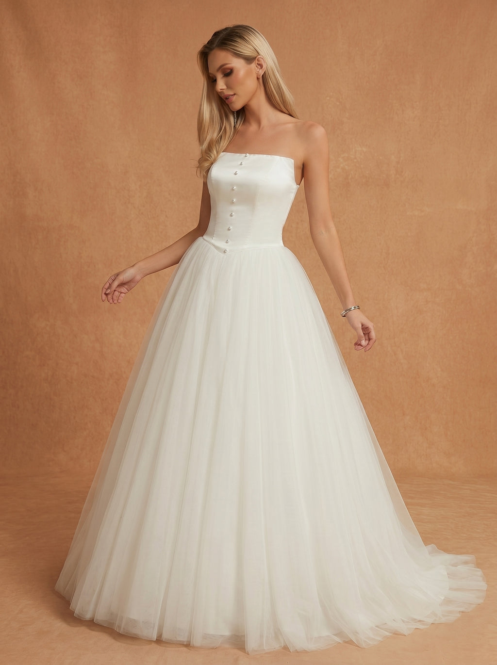 Imitation pearl embellishment trailing satin wedding dress