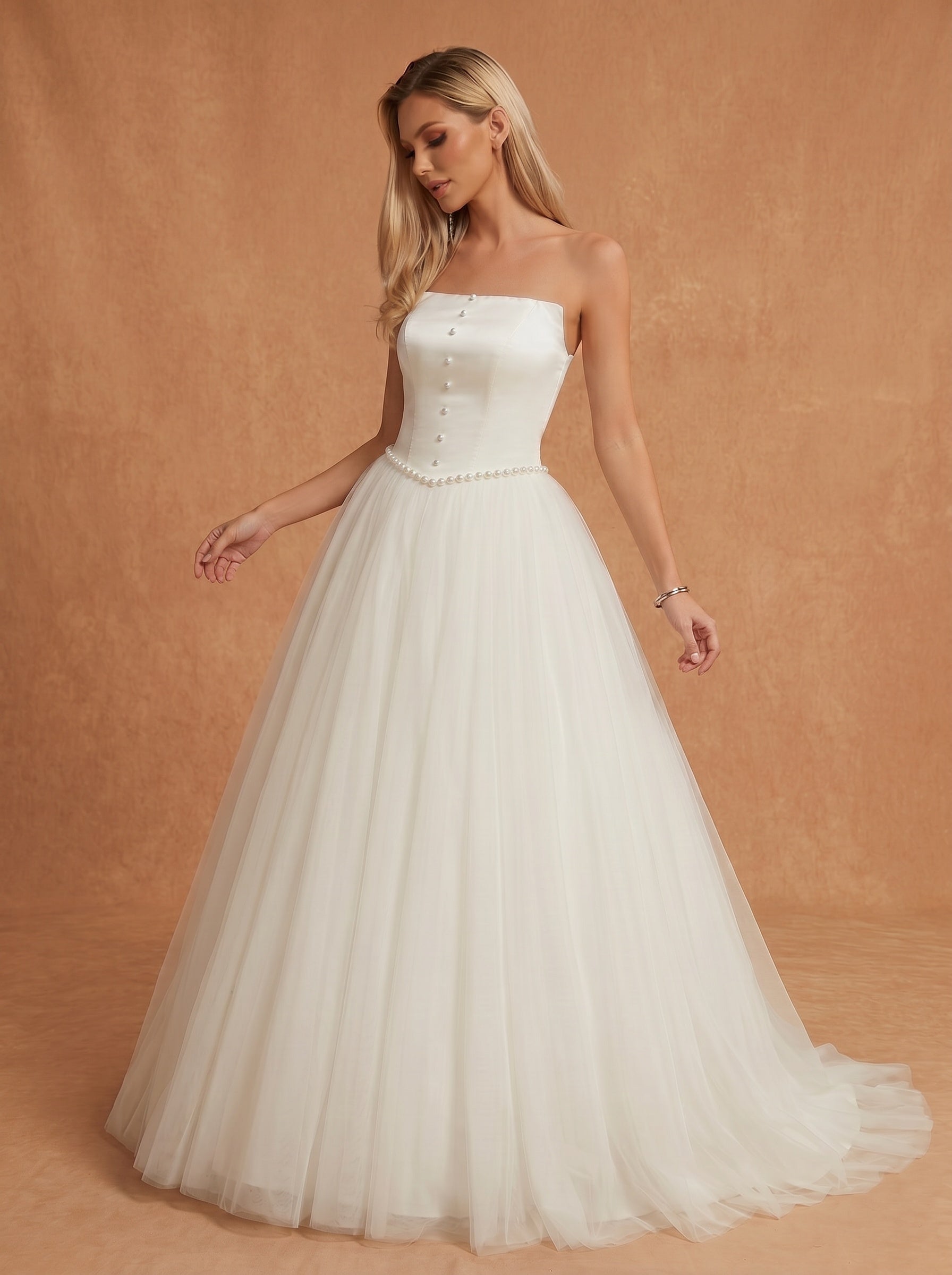 Imitation pearl embellishment trailing satin wedding dress