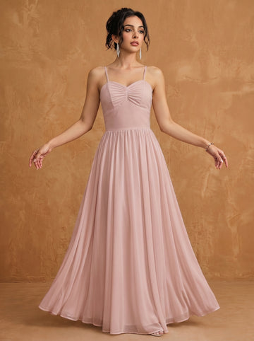 Lace up spaghetti strap ruched bust backless Chiffon bridesmaid dress