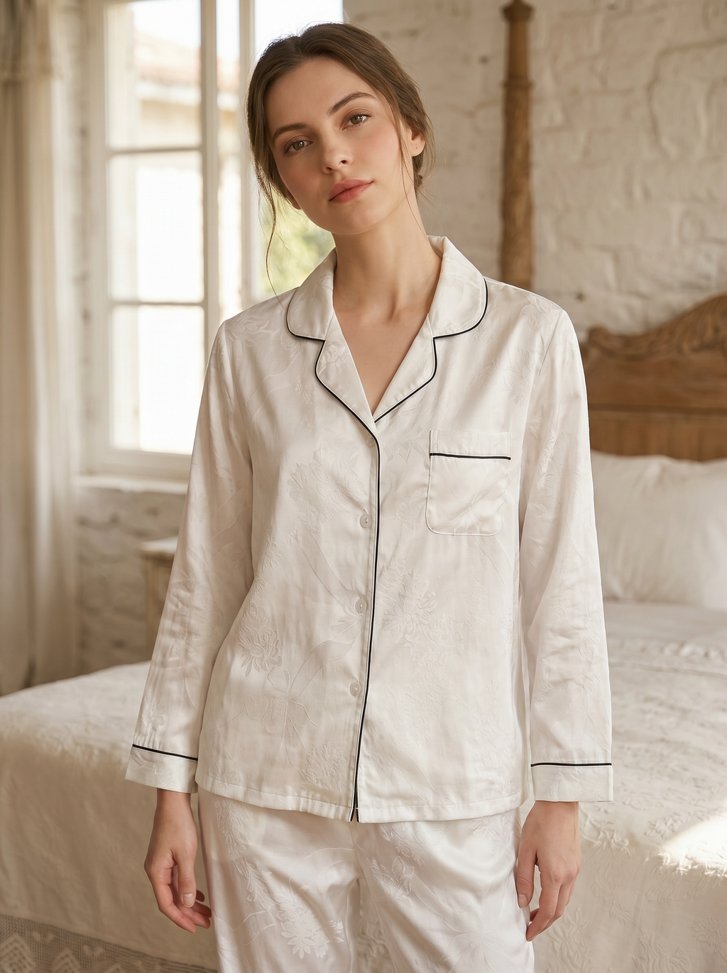 Bow Pattern Jacquard Color blocking 100% mulberry silk pajama set, bride/bridesmaid gift