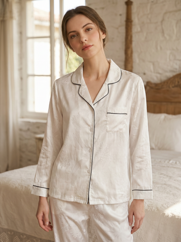 Bow Pattern Jacquard Color blocking 100% mulberry silk pajama set, bride/bridesmaid gift