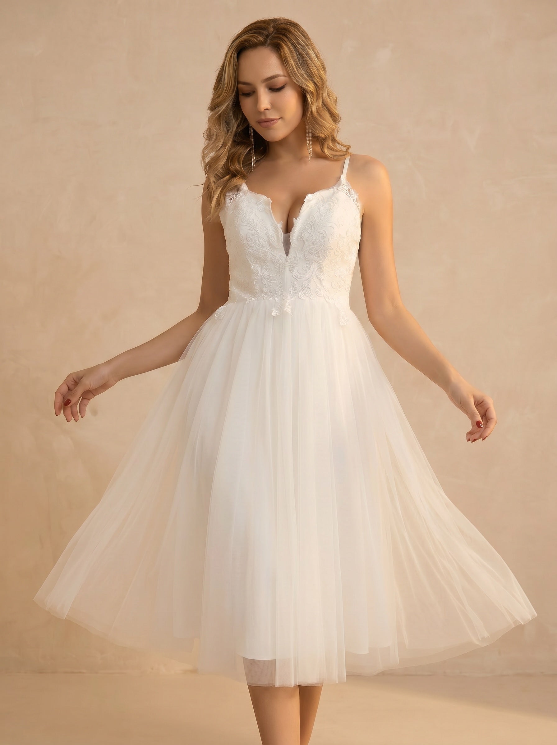 V neck Tulle midi Wedding dresses