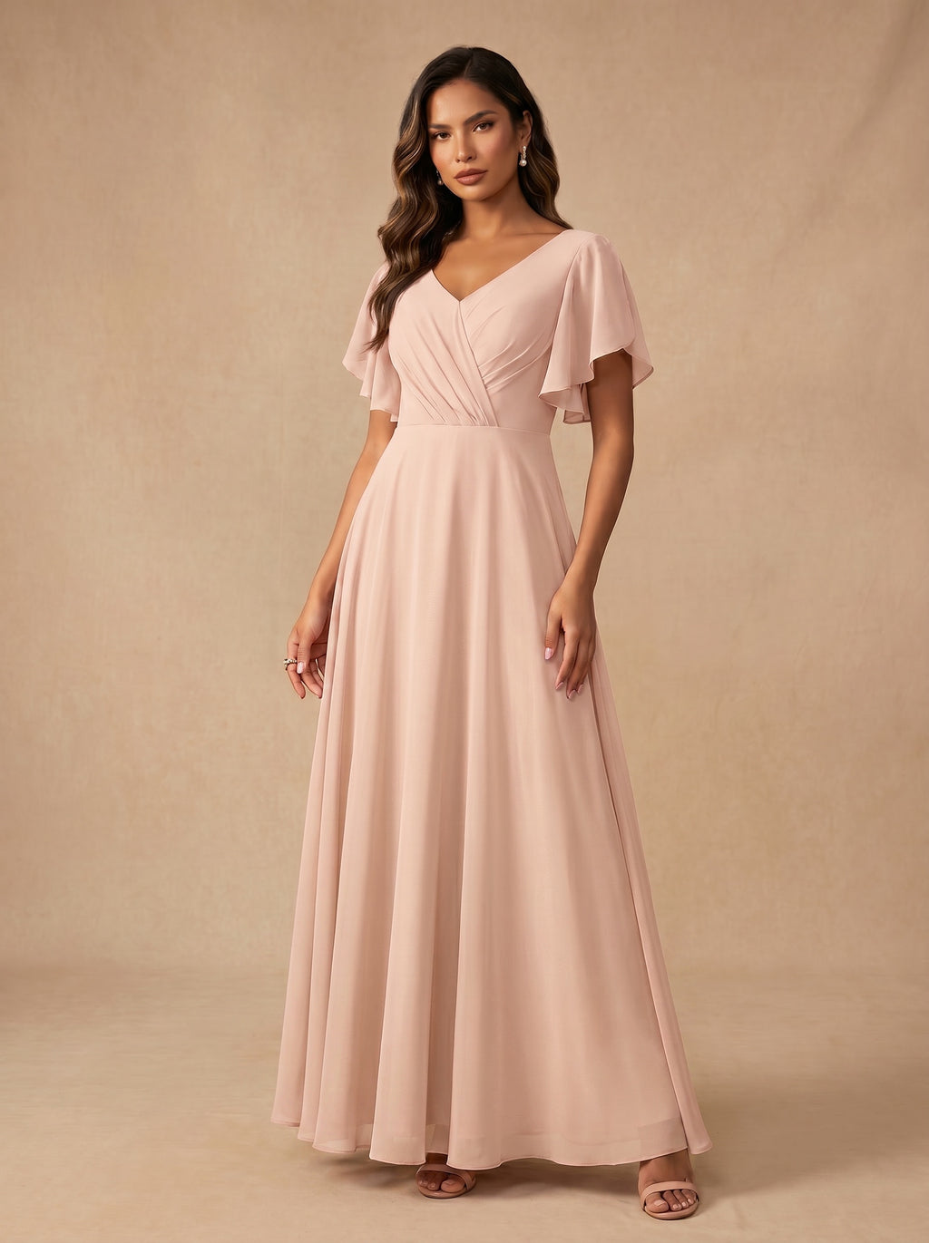 Ruched bust short sleeves Chiffon bridesmaid dress