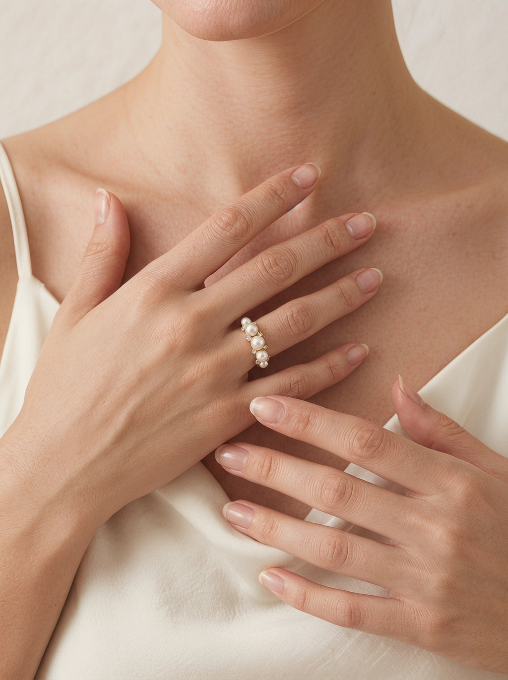 Diamond inlaid natural pearl ring, wedding jewelry for bride/bridesmaid