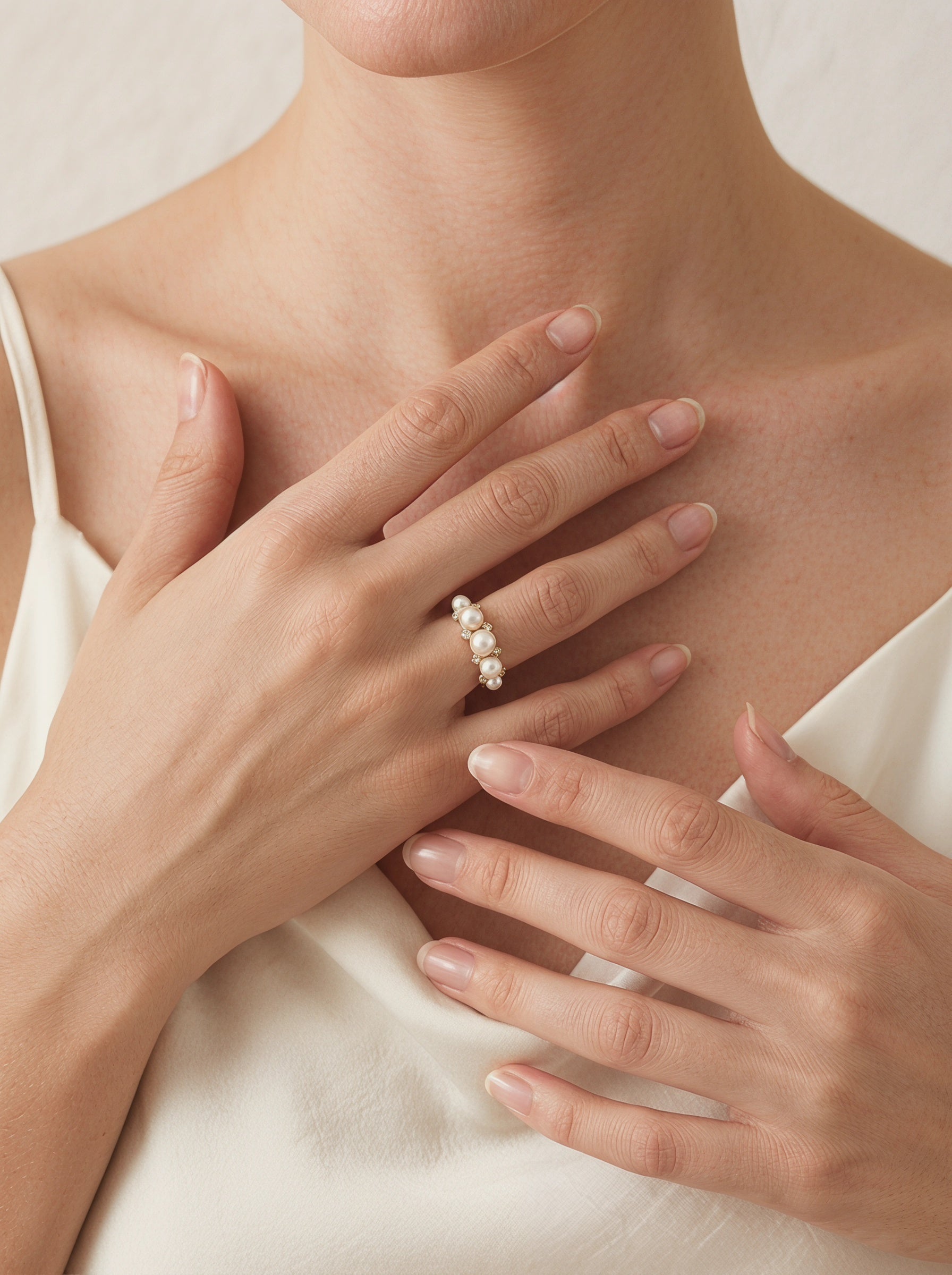 Diamond inlaid natural pearl ring, wedding jewelry for bride/bridesmaid