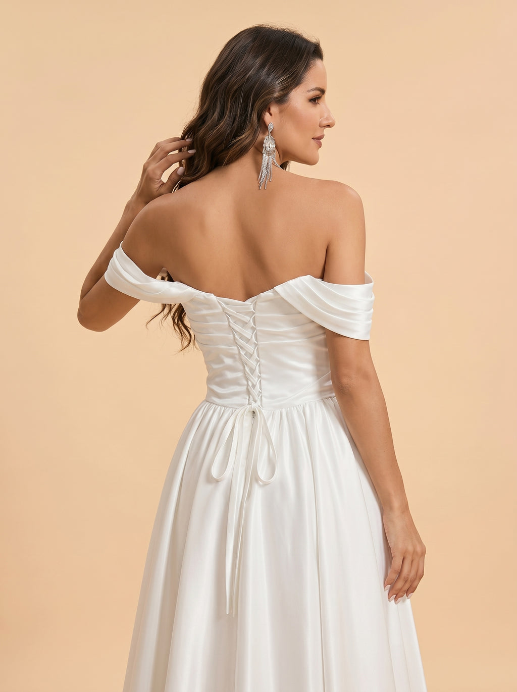 Ruched bust satin off-shoulder wedding dress