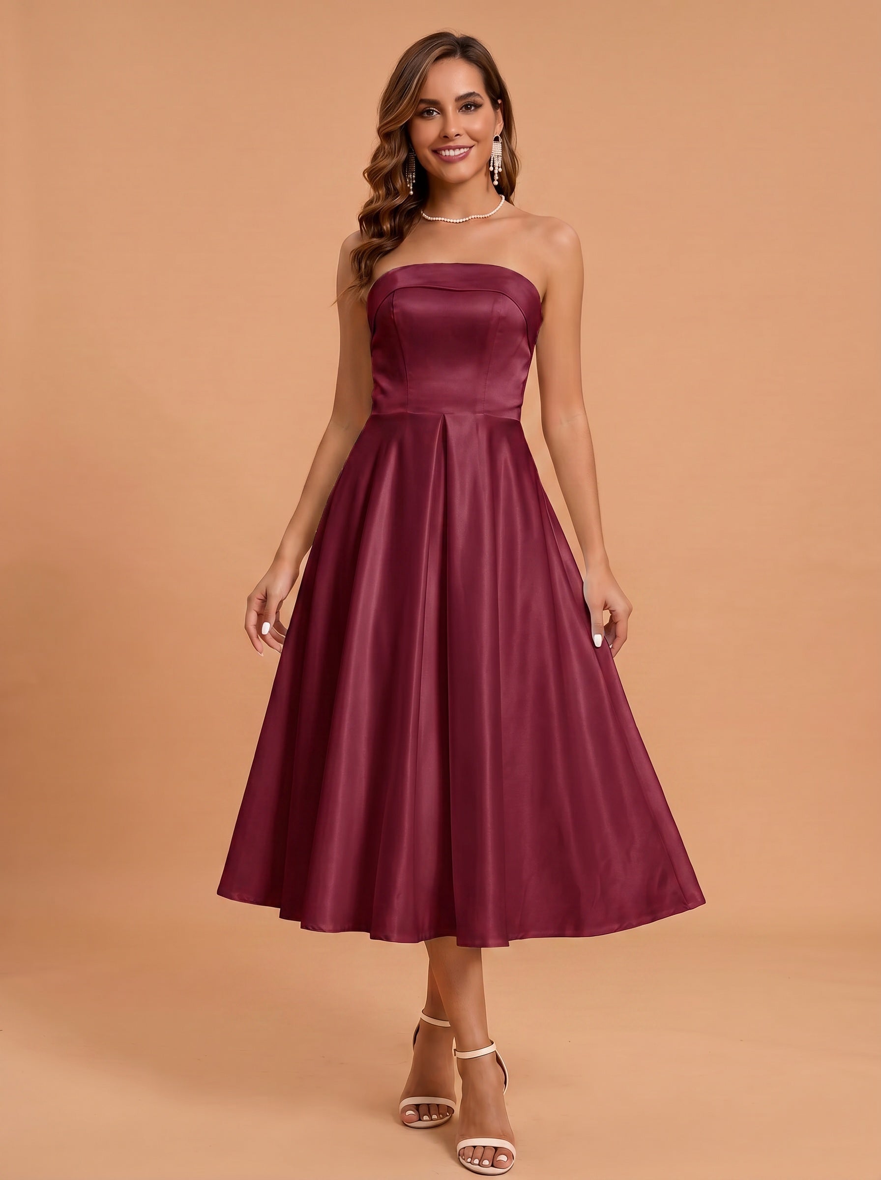 Classic folded satin white dress with pockets，midi length prom Dress