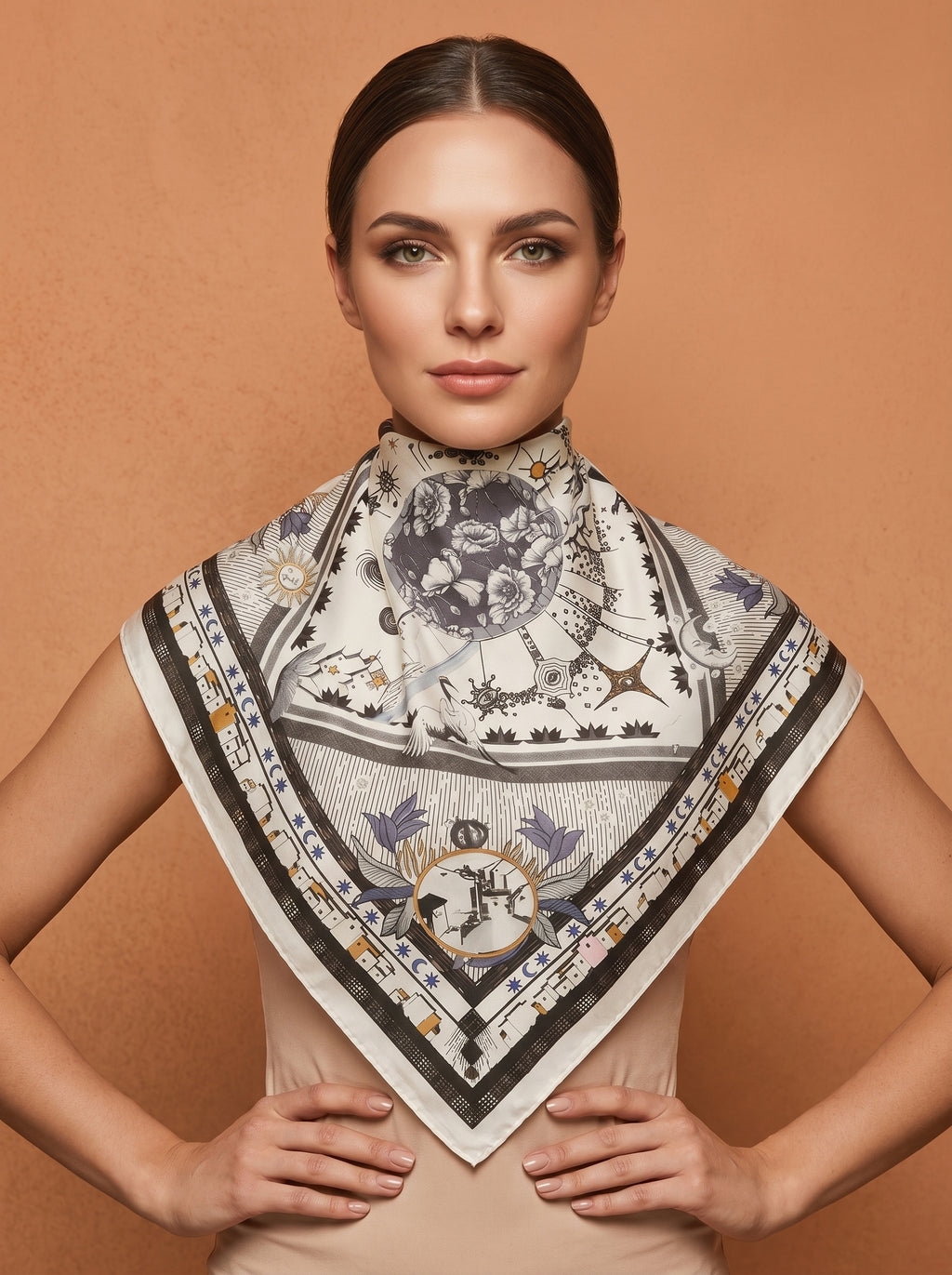 19.7in Vintage style print 100% mulberry Silk scarf accessories