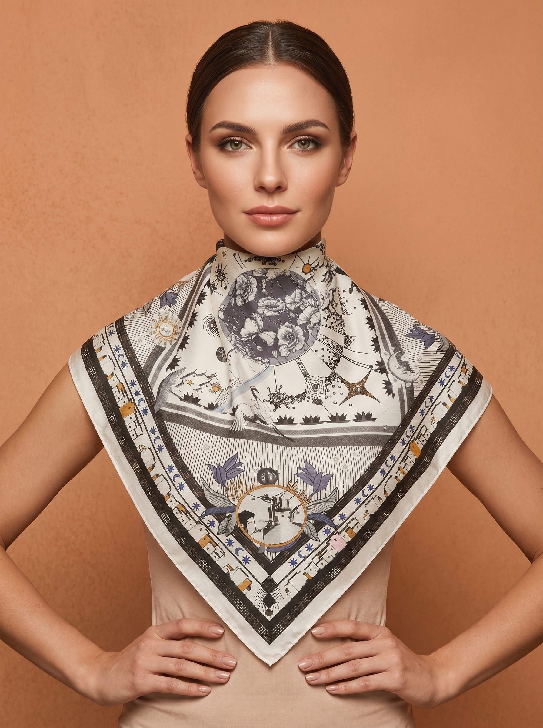 19.7in Vintage style print 100% mulberry Silk scarf accessories