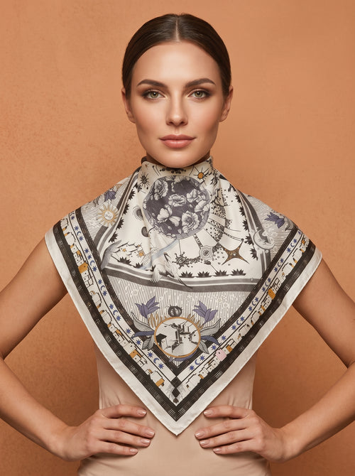 19.7in Vintage style print 100% mulberry Silk scarf accessories