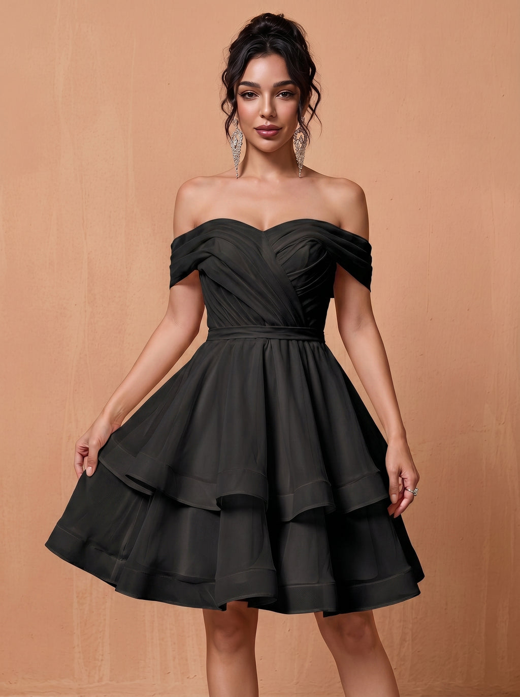 Short off-shoulder layered chiffon prom dress