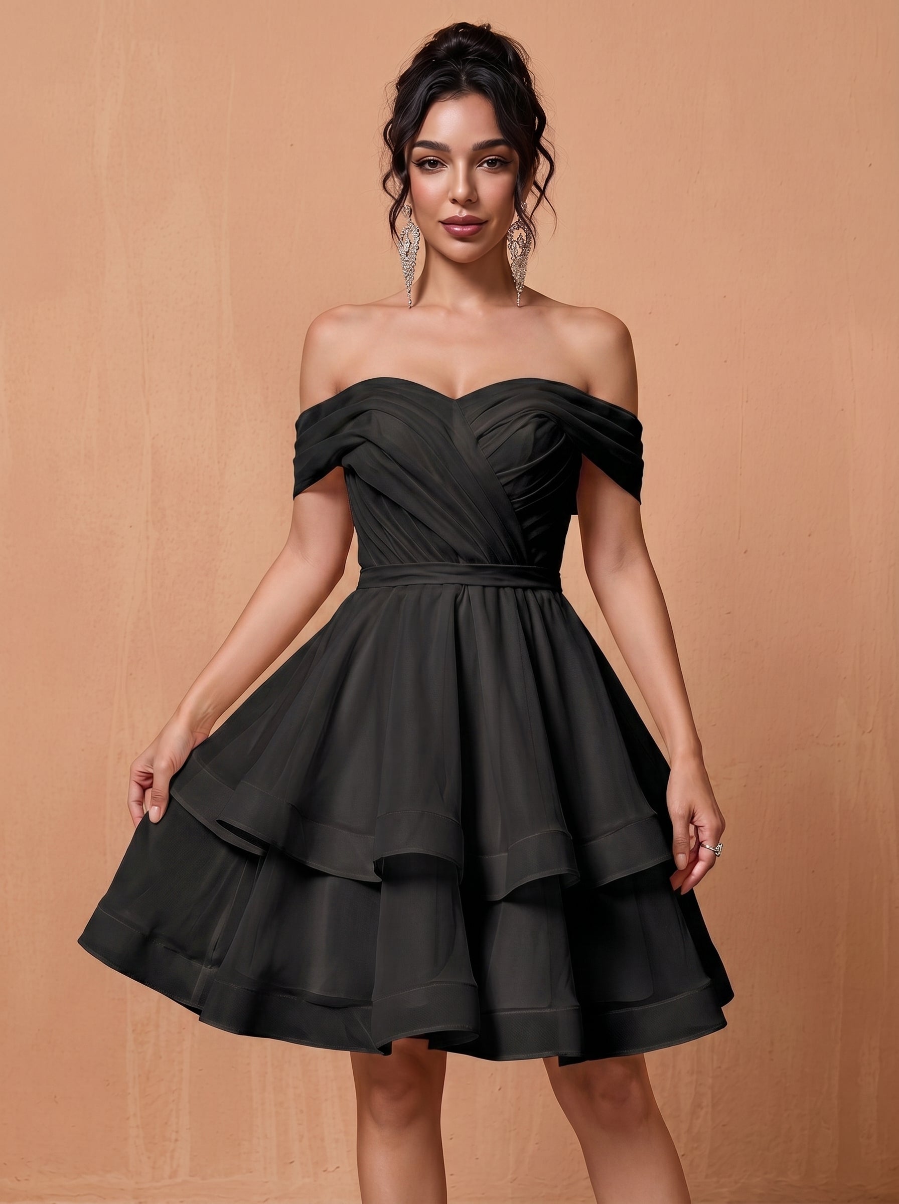 Short off-shoulder layered chiffon prom dress