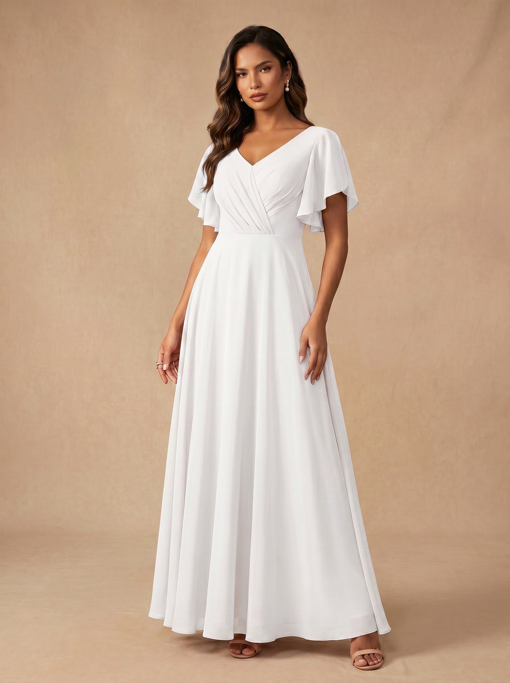 Ruched bust short sleeves Chiffon bridesmaid dress