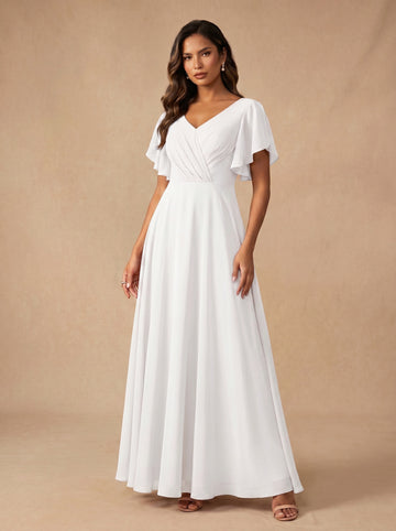 Ruched bust short sleeves Chiffon bridesmaid dress