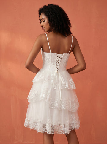 Asymmetric layered skirt, lace & sequins appliques wedding dress
