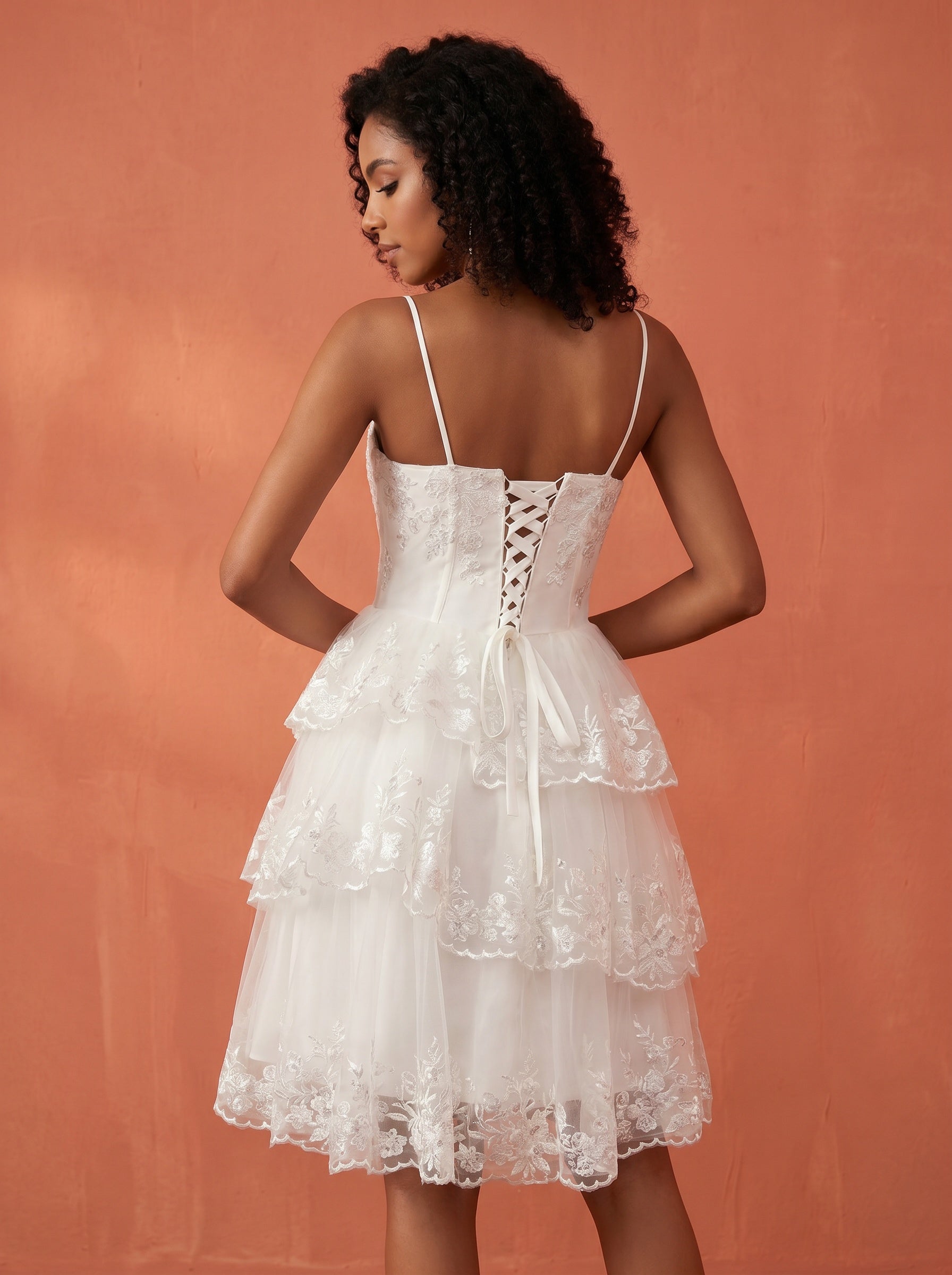 Asymmetric layered skirt, lace & sequins appliques wedding dress
