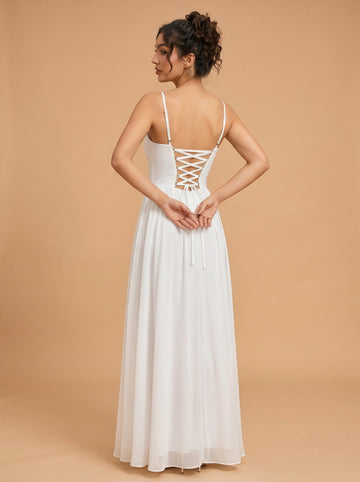 Lace up spaghetti strap ruched bust backless Chiffon bridesmaid dress