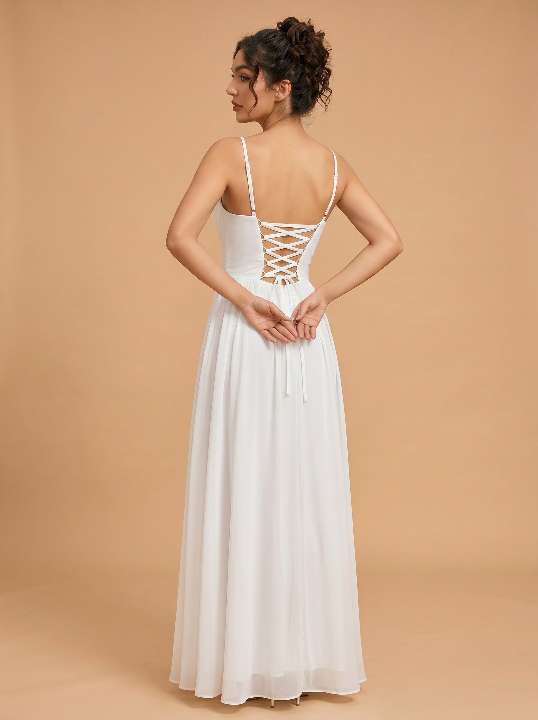 Lace up spaghetti strap ruched bust backless Chiffon bridesmaid dress