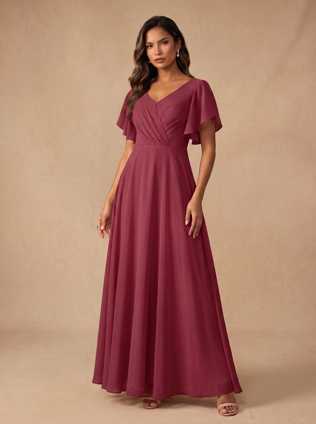 Ruched bust short sleeves Chiffon bridesmaid dress