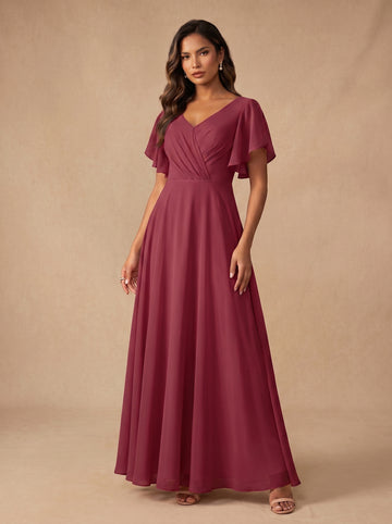 Ruched bust short sleeves Chiffon bridesmaid dress