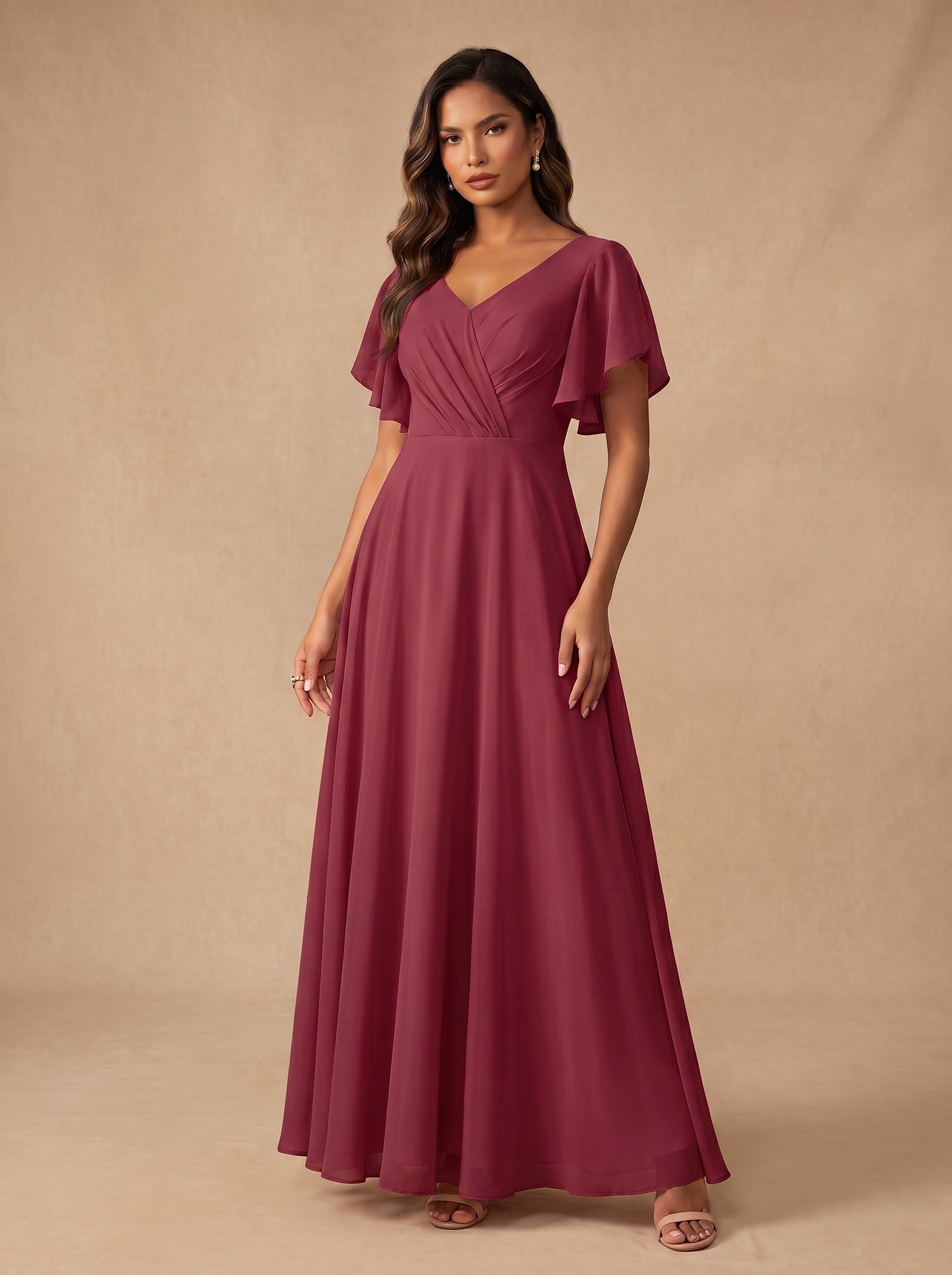Ruched bust short sleeves Chiffon bridesmaid dress
