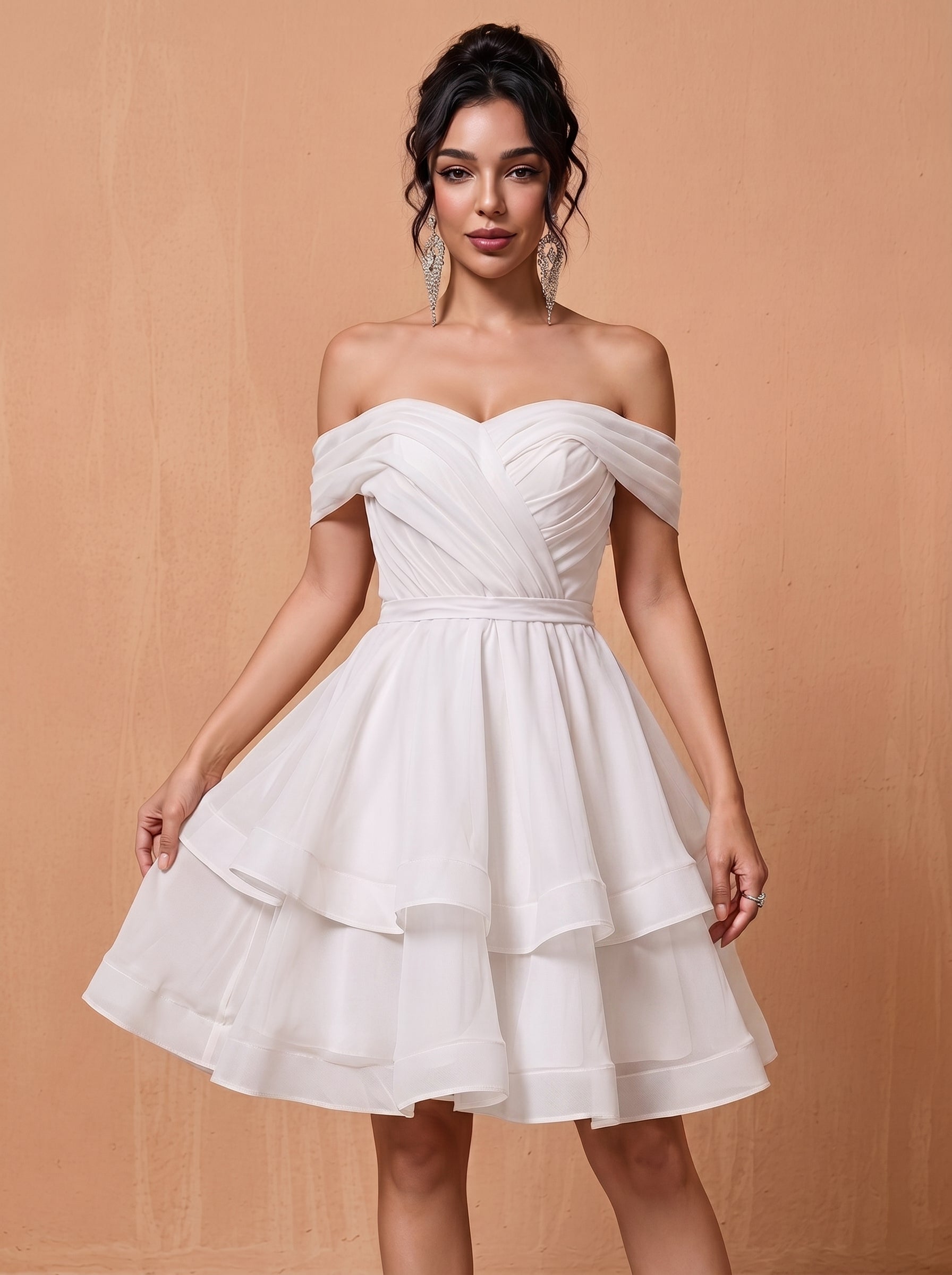 Short off-shoulder layered chiffon prom dress