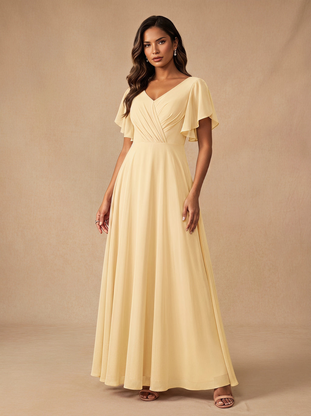 Ruched bust short sleeves Chiffon bridesmaid dress