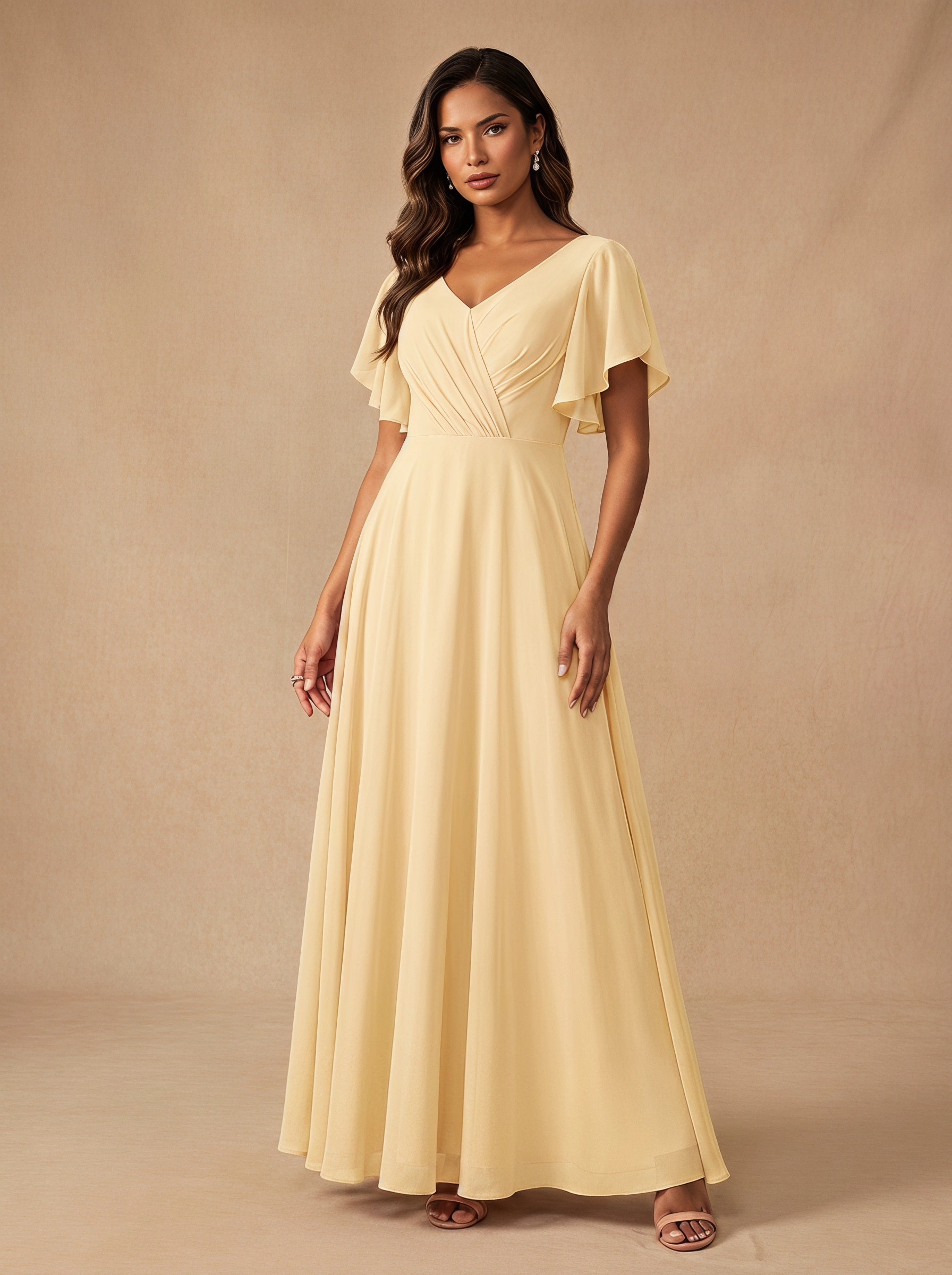 Ruched bust short sleeves Chiffon bridesmaid dress