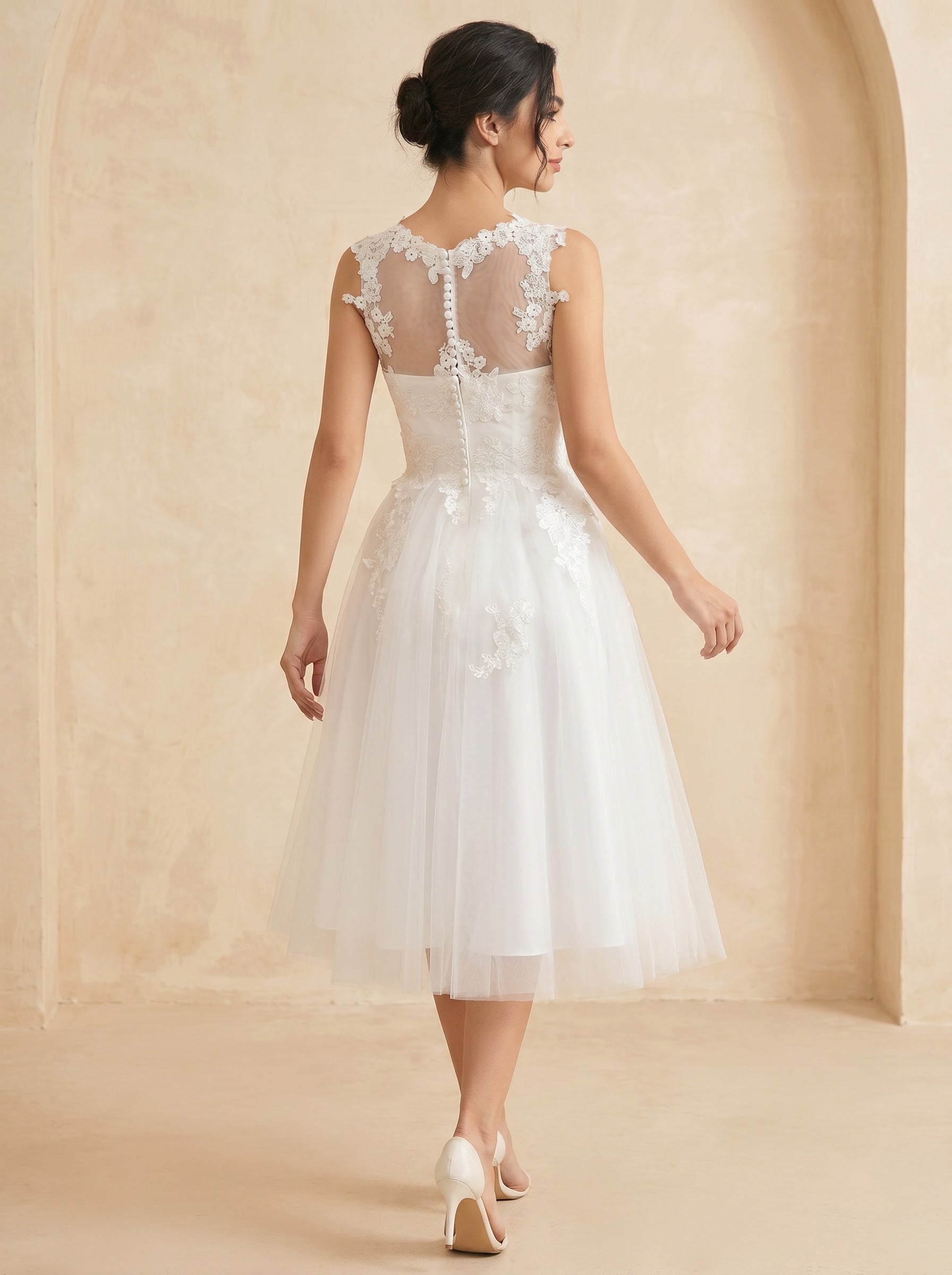 Handmade appliques midi Wedding Dress