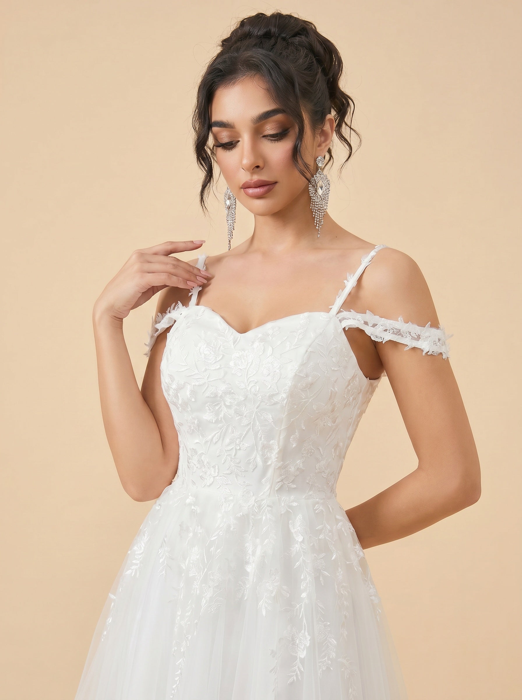 Off-the-shoulder/spaghetti strap midi Wedding Dresses,Tulle prom Dress