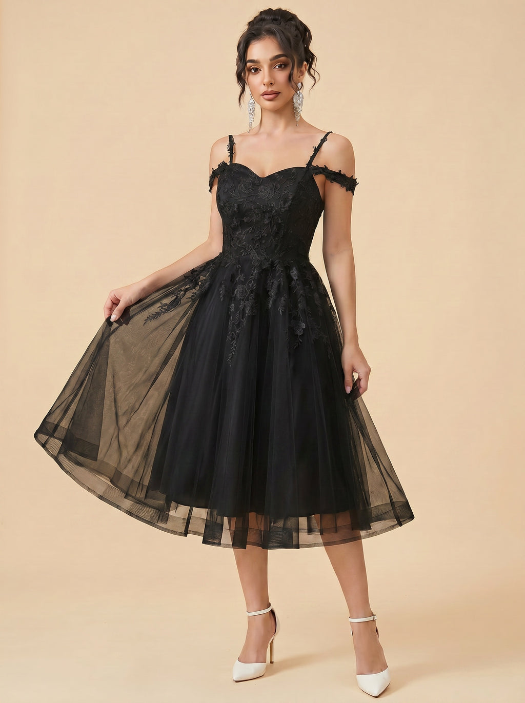 Off-the-shoulder/spaghetti strap midi Wedding Dresses,Tulle prom Dress