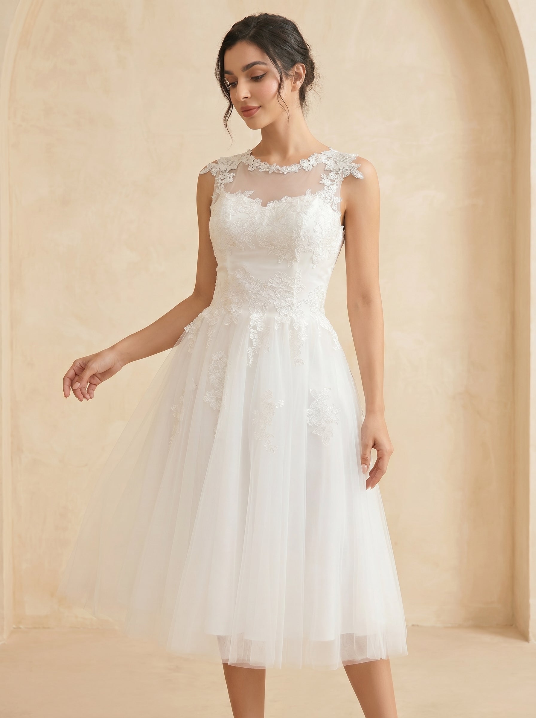 Handmade appliques midi Wedding Dress