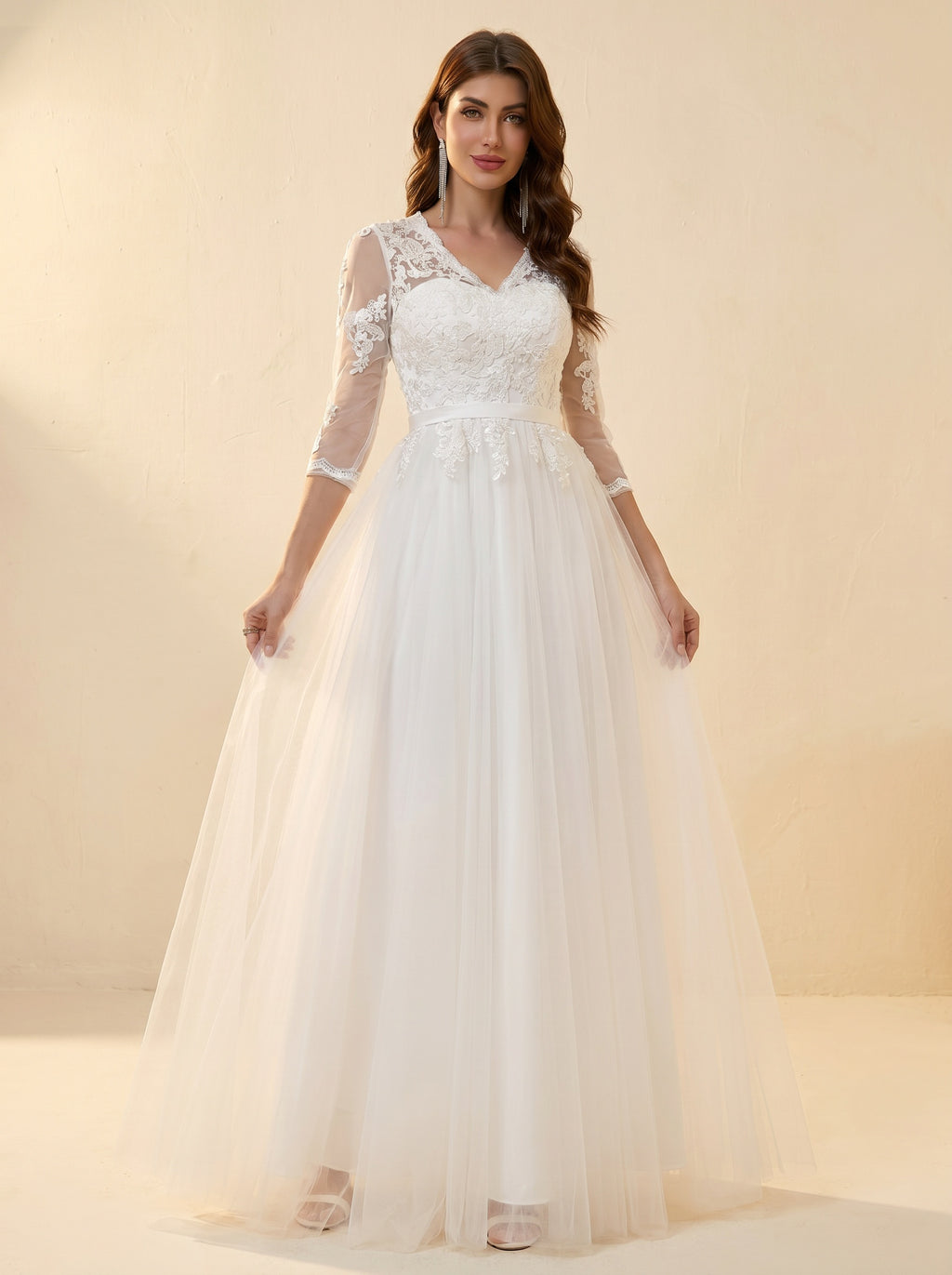 Lace appliques half sleeve tulle wedding dress