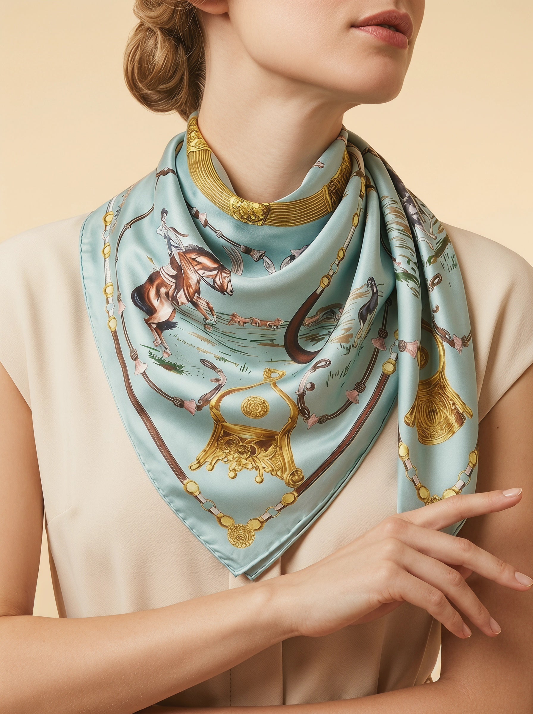 35.4in Mint green vintage style print 100% mulberry Silk scarf accessories