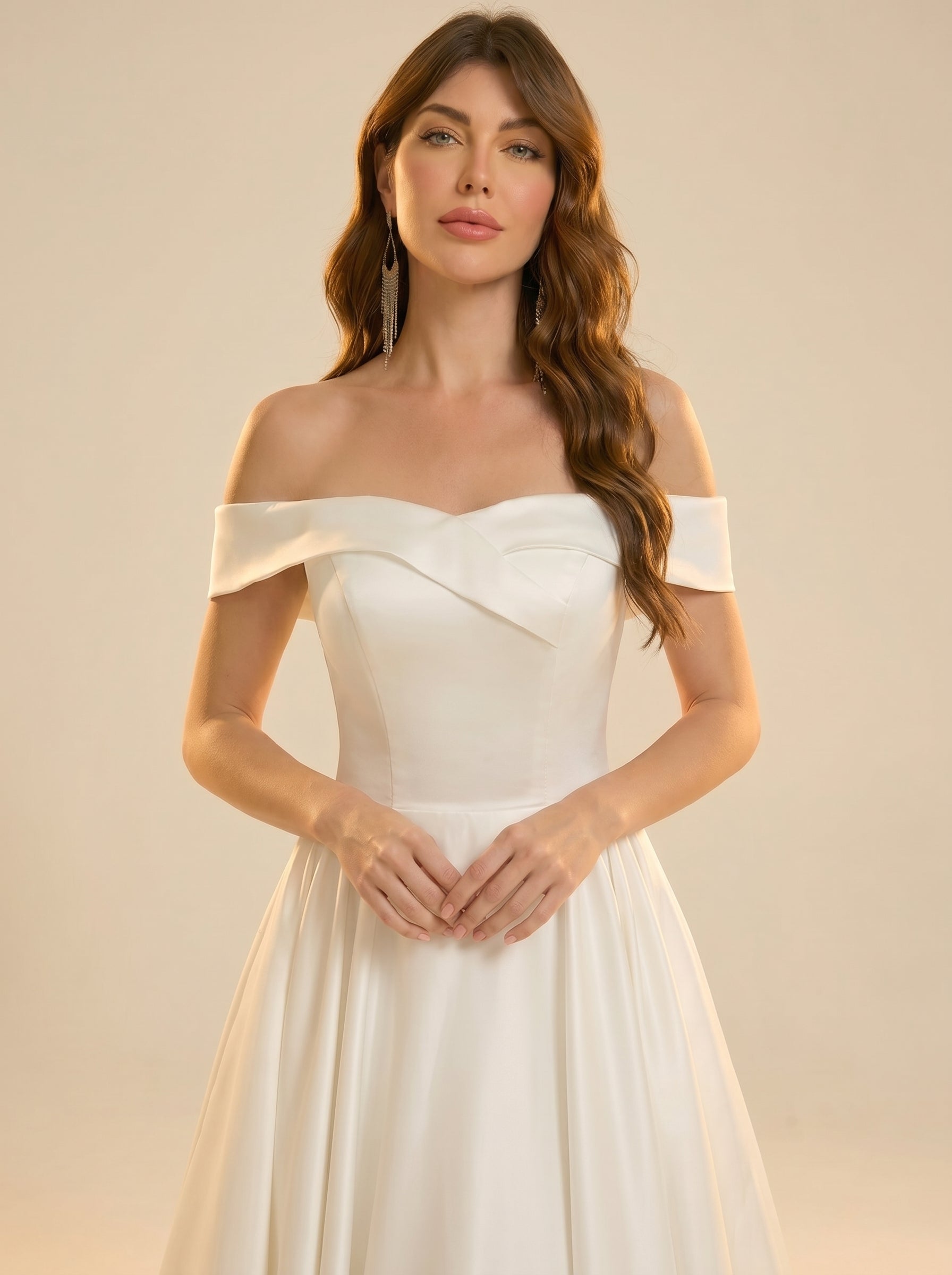 Off The Shoulder Satin Wedding Dresses with Pleated