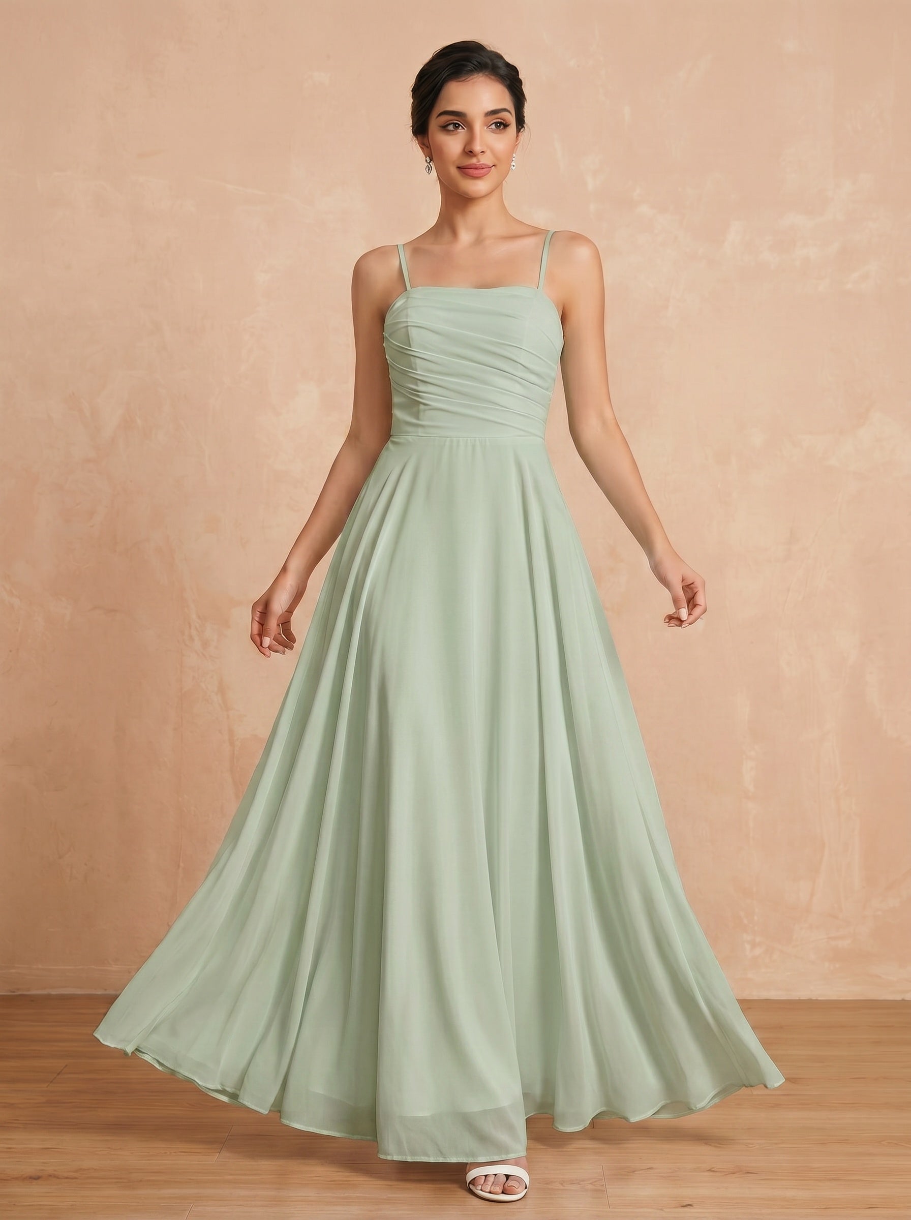 Lace up spaghetti strap ruched bust Chiffon bridesmaid dress
