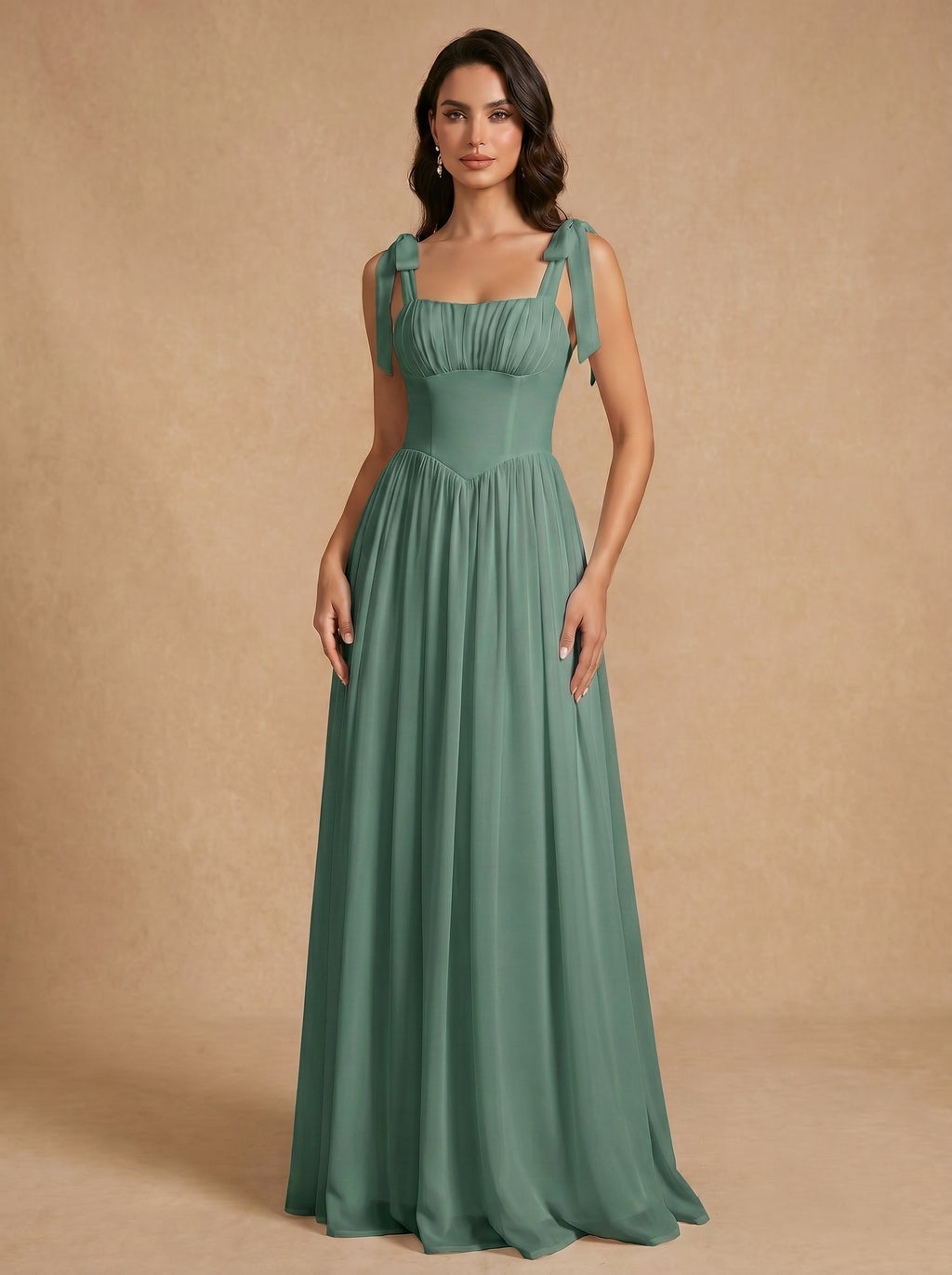 Lace up ruched bust Chiffon bridesmaid dress