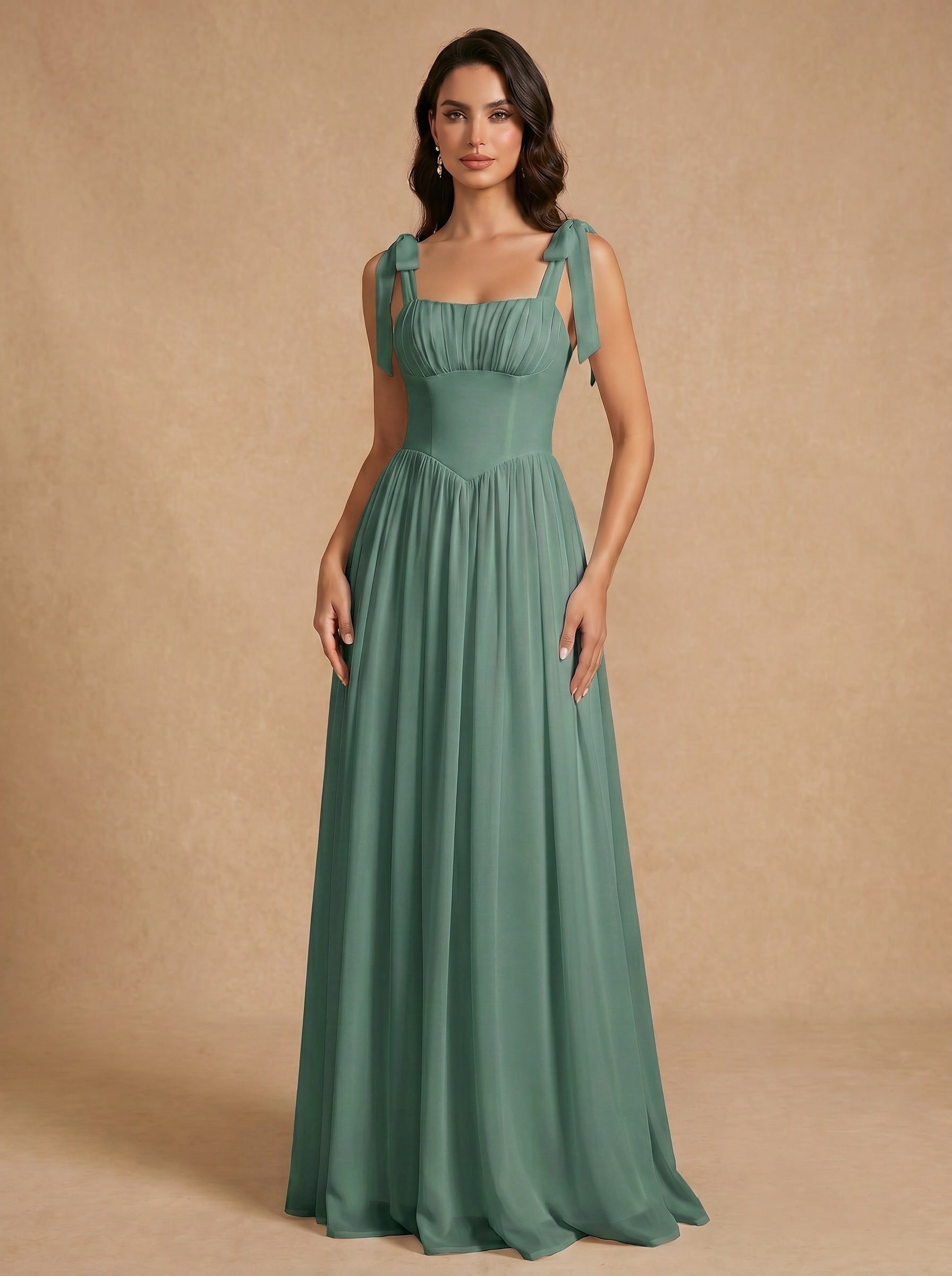 Lace up ruched bust Chiffon bridesmaid dress