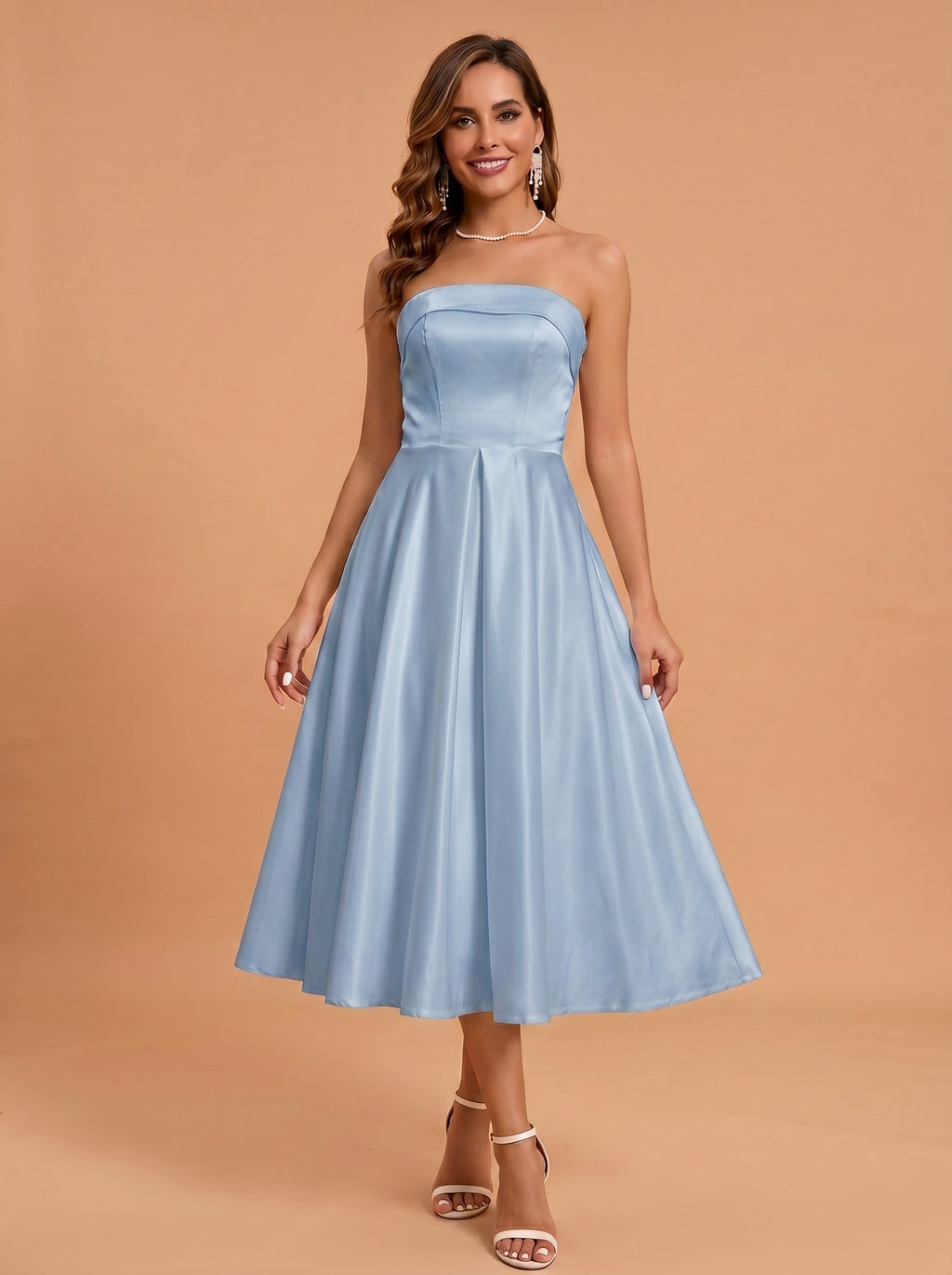 Classic folded satin white dress with pockets，midi length prom Dress