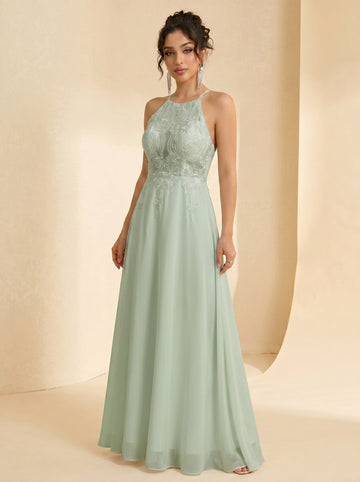 Handmade appliques backless prom dress