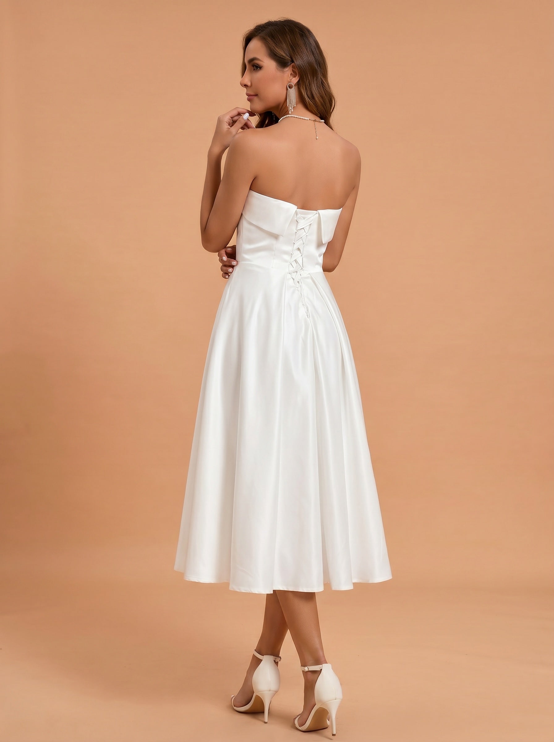 Classic folded satin white dress with pockets，midi length prom Dress