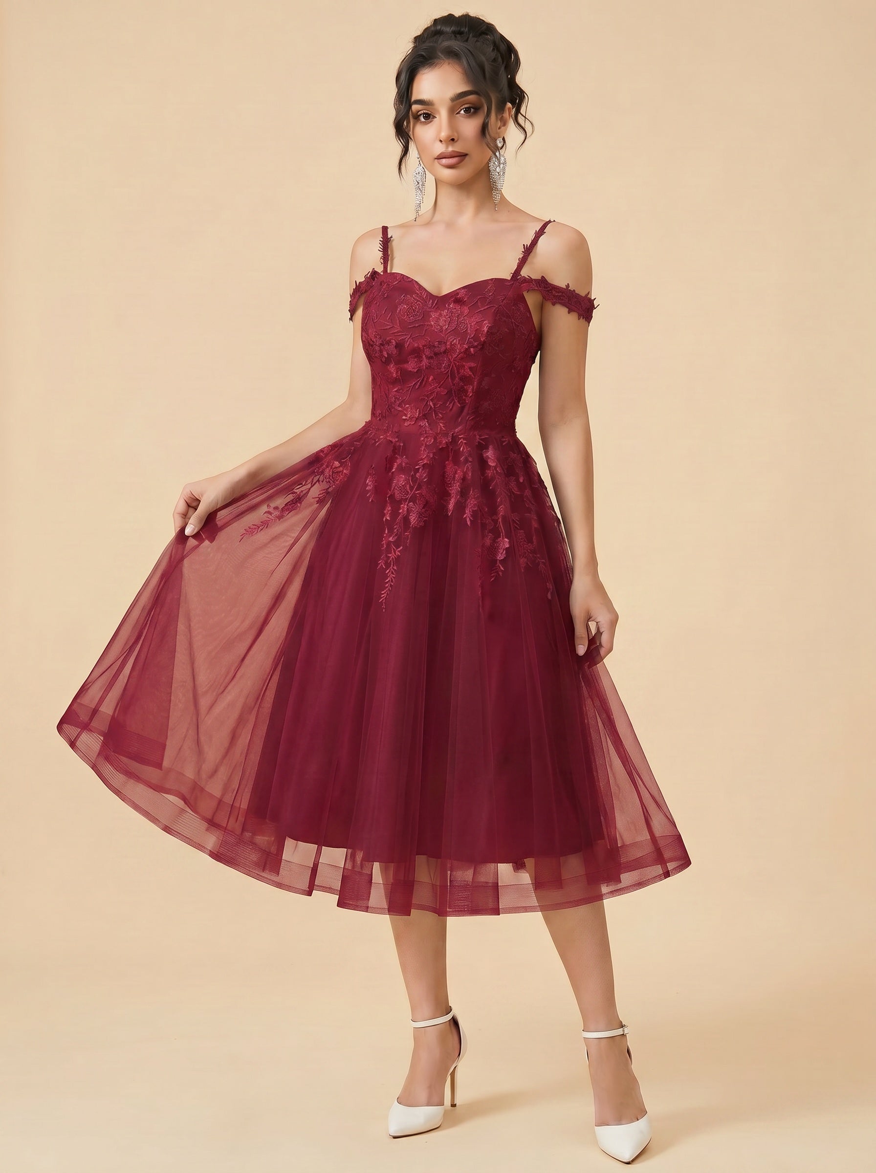 Off-the-shoulder/spaghetti strap midi Wedding Dresses,Tulle prom Dress
