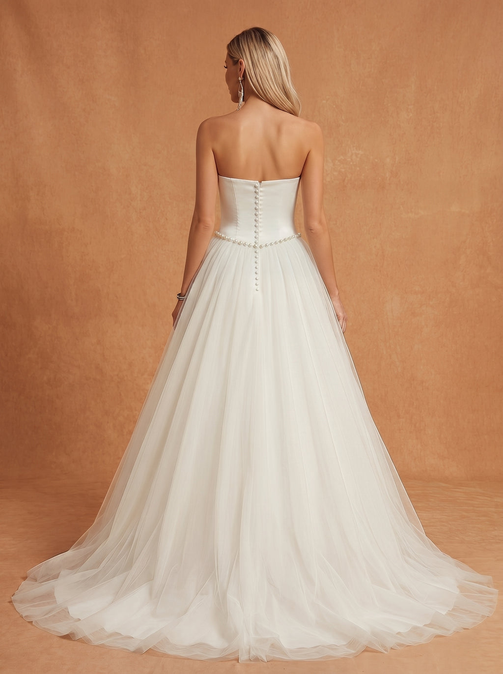 Imitation pearl embellishment trailing satin wedding dress
