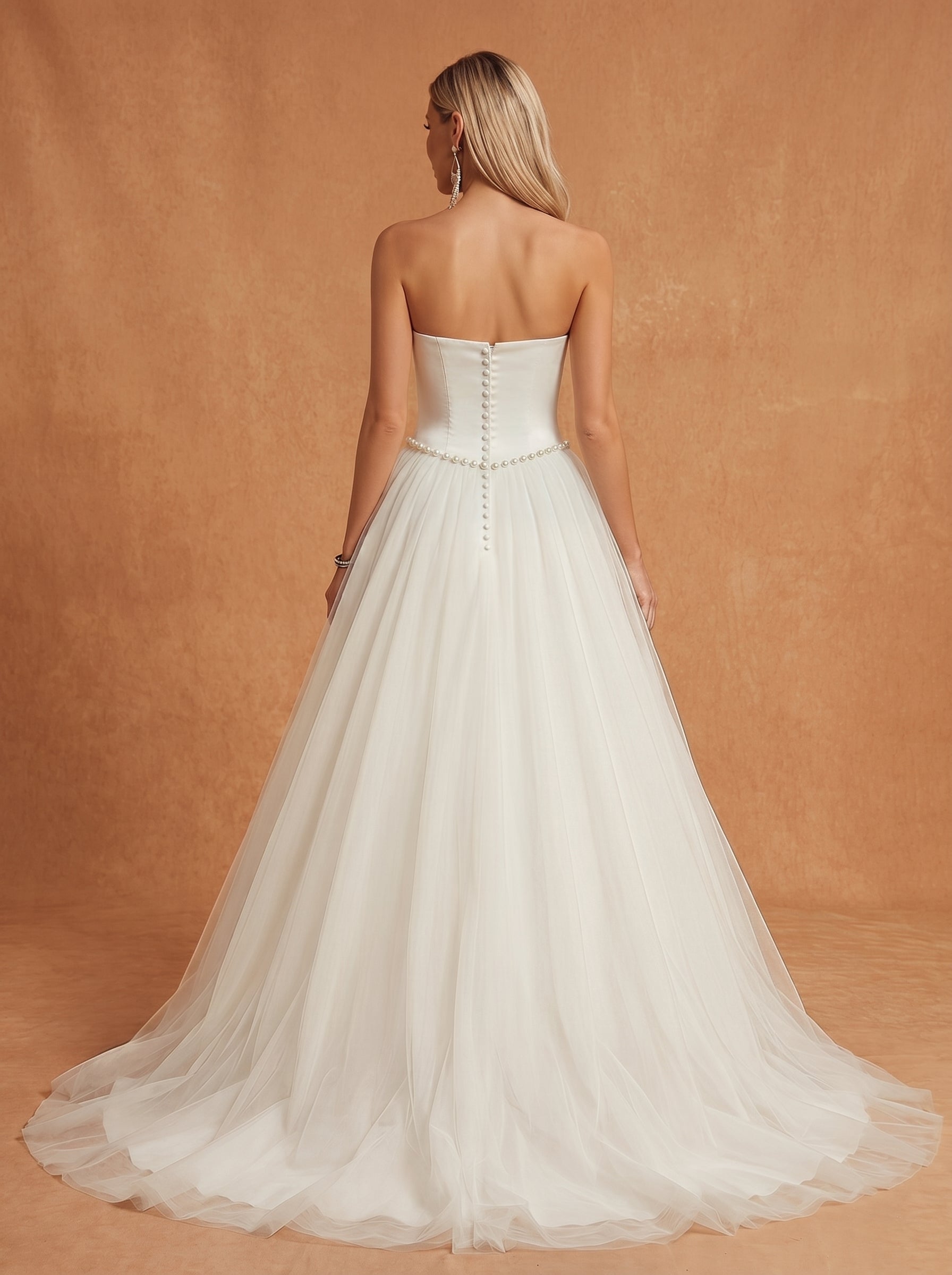 Imitation pearl embellishment trailing satin wedding dress