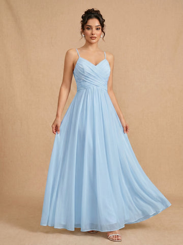 Lace up spaghetti strap ruched bust backless Chiffon bridesmaid dress