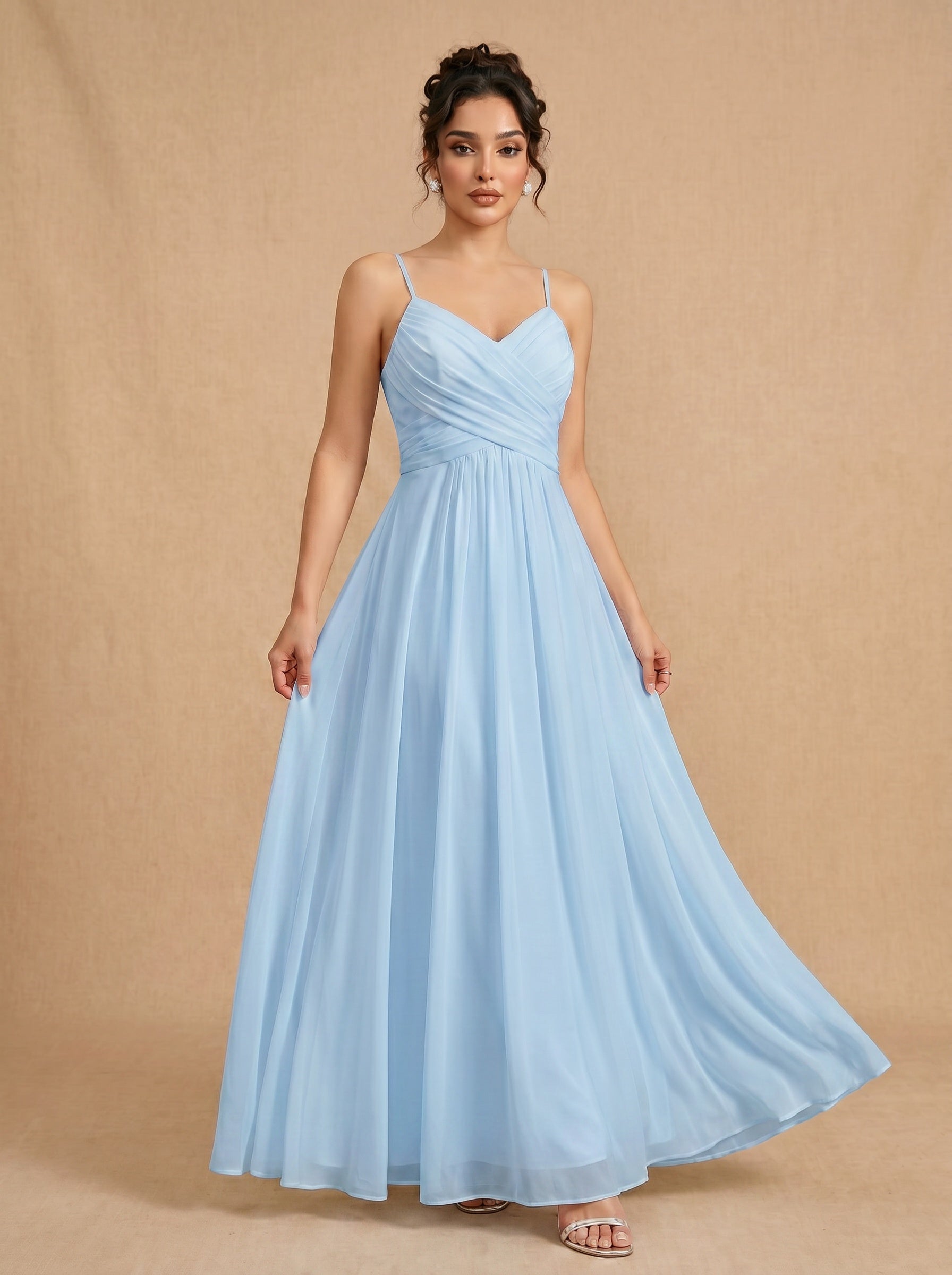 Lace up spaghetti strap ruched bust backless Chiffon bridesmaid dress