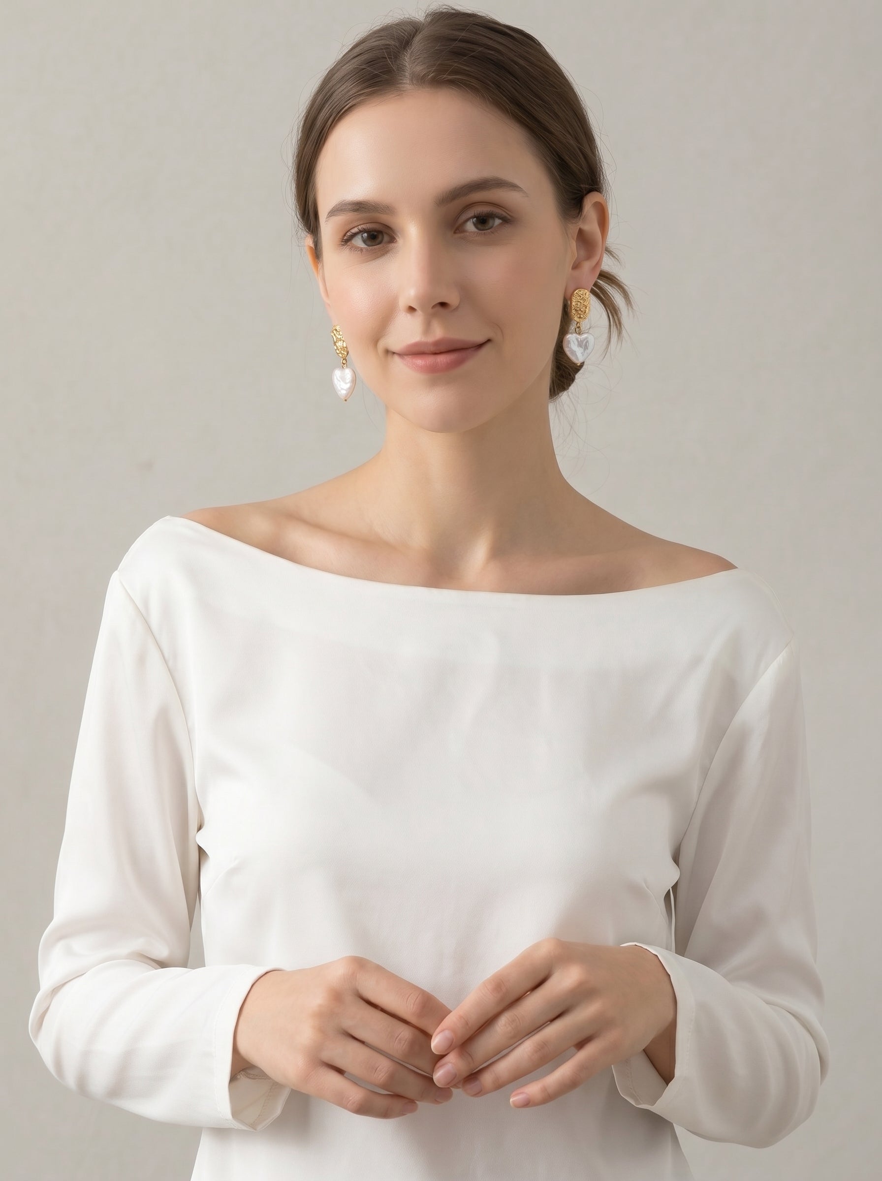 Retro heart nature Baroque Pearls Gold Earrings, wedding jewelry for bride/bridesmaid